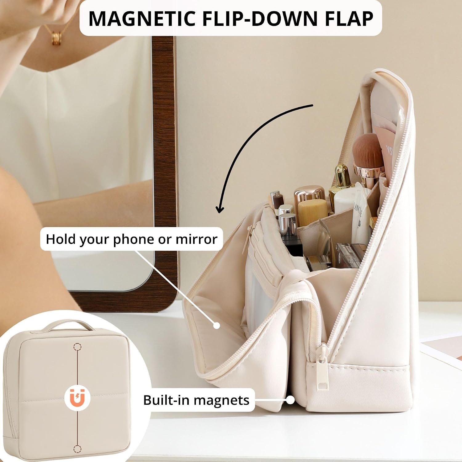 tianzong Travel Makeup Bag with Magnetic Fold-Down Flap, Waterproof Leather Cosmetic and Toiletry Organizer for Women, Multi-Zone Standing Storage, Cream, Large - Image 3