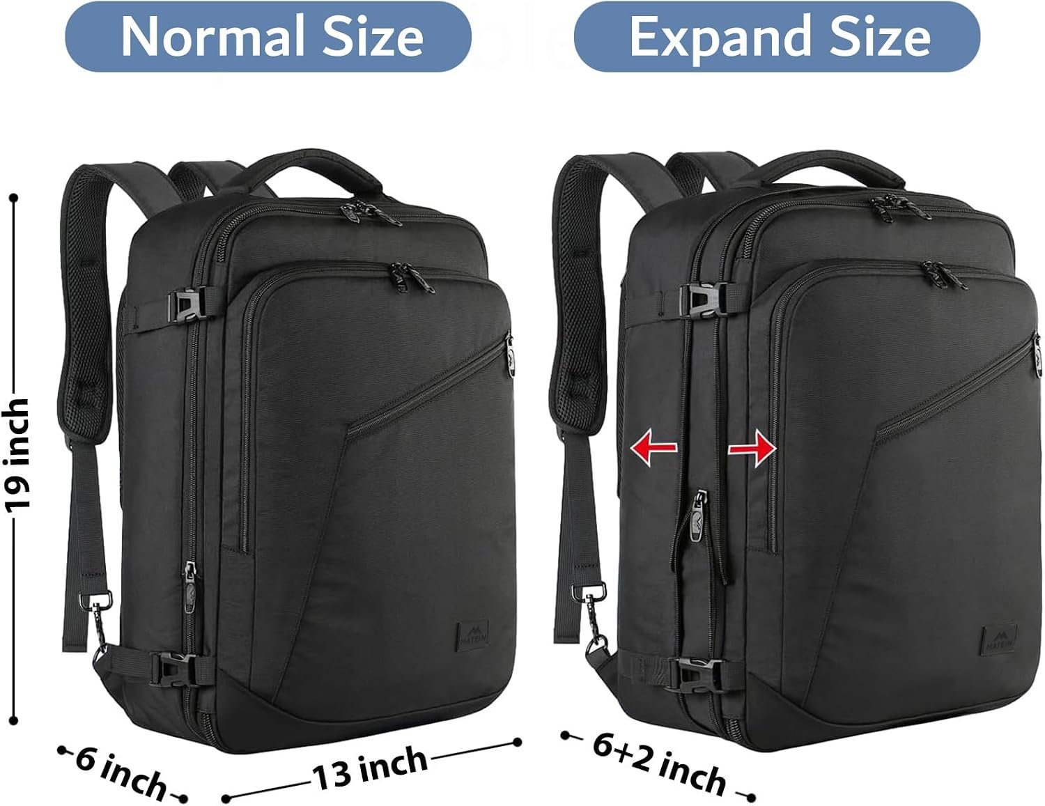 MATEIN Carry on Backpack, Extra Large Expandable Travel Backpack for Men | Airplane Approved, Weekender Bag for Women, mochila de viaje, Water Resistant, Lightweight Daypack for Flight, 40L, Black - Image 5