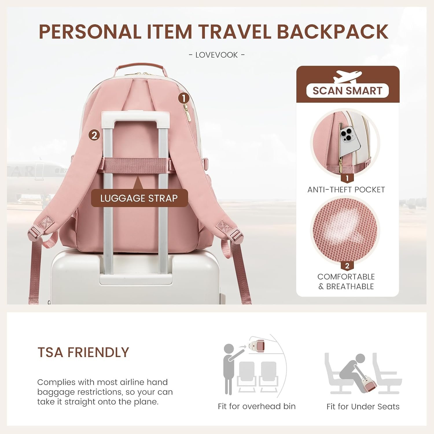 LOVEVOOK Laptop Backpack for Women with Pouch Pocket for Large Capacity Cup,15.6 Inch Teacher Nurse College Work Backpack Purse,Waterproof Laptop Bag Computer Back Pack for Travel, Beige-Pink-Brown - Image 6