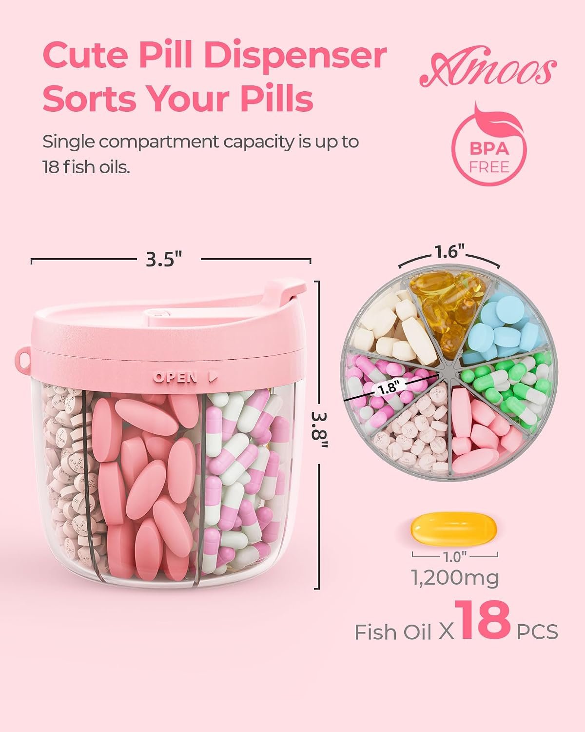 AMOOS Cute Pill Dispenser with Anti-Mix Design, 7-Slot, BPA-Free, Patented | Portable Travel Pill Organizer, Wide Mouth for Easy Access, Pill Bottle Organizer for Vitamins, Fish Oils, Supplements, Pink - Image 2