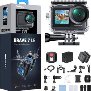 AKASO Brave 7 LE 4K30FPS 20MP WiFi Action Camera with Touch Screen EIS 2.0 Zoom Remote Control 131 Feet Underwater Camera with 2X 1350mAh Batteries Support External Microphone Vlog Camera