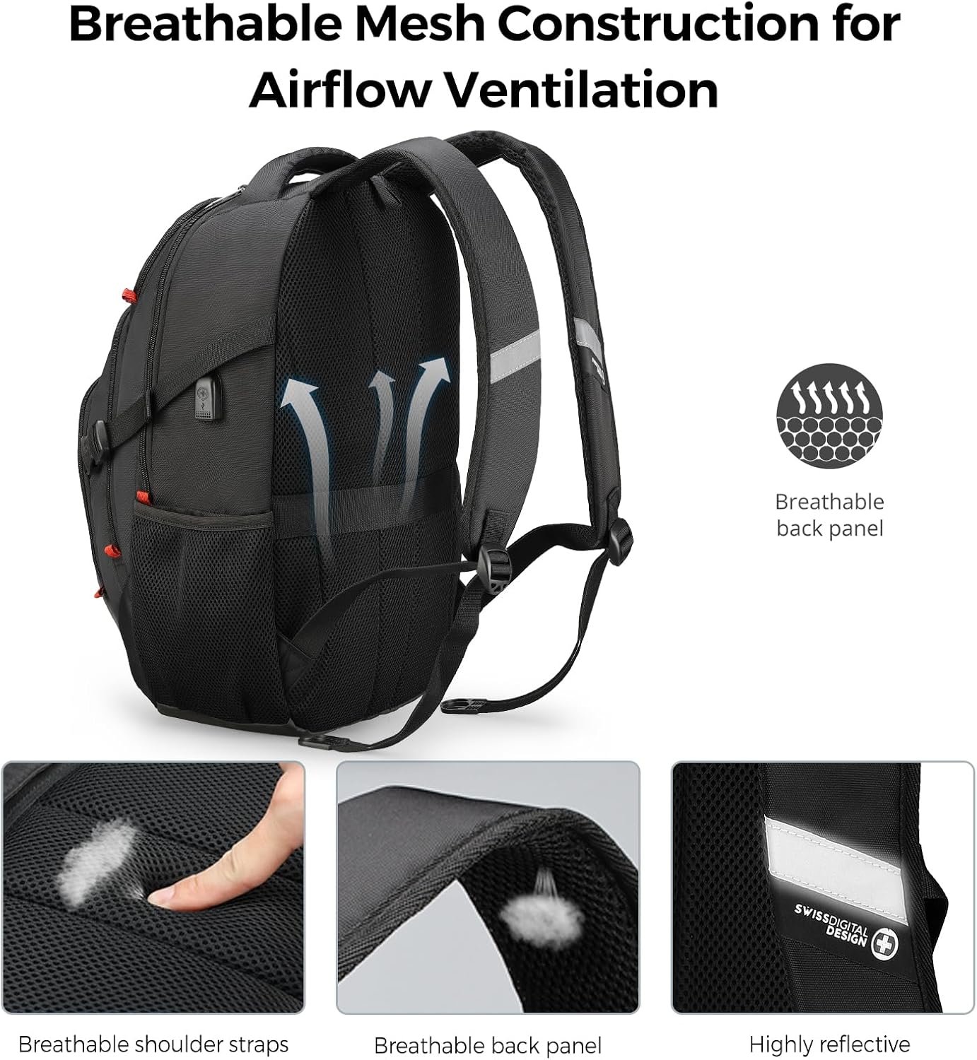 Swissdigital Design Laptop Backpack with USB Charging Port, Travel Backpack Fits 15.6 inches Computer, 31L College School Backpack for Men, Black | SD803-01 - Image 5
