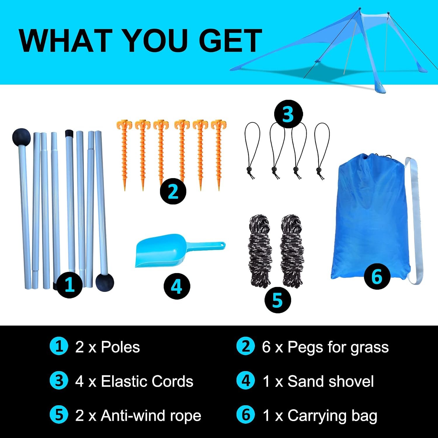 Beach Canopy Tent Sun Shade with UPF 50+ UV Protection, Beach Tent Sun Shelter with Sandbags, Poles and Ground Pegs and Anti-Wind Ropes for Outdoor, Camping, Backyard and Picnics - Image 7