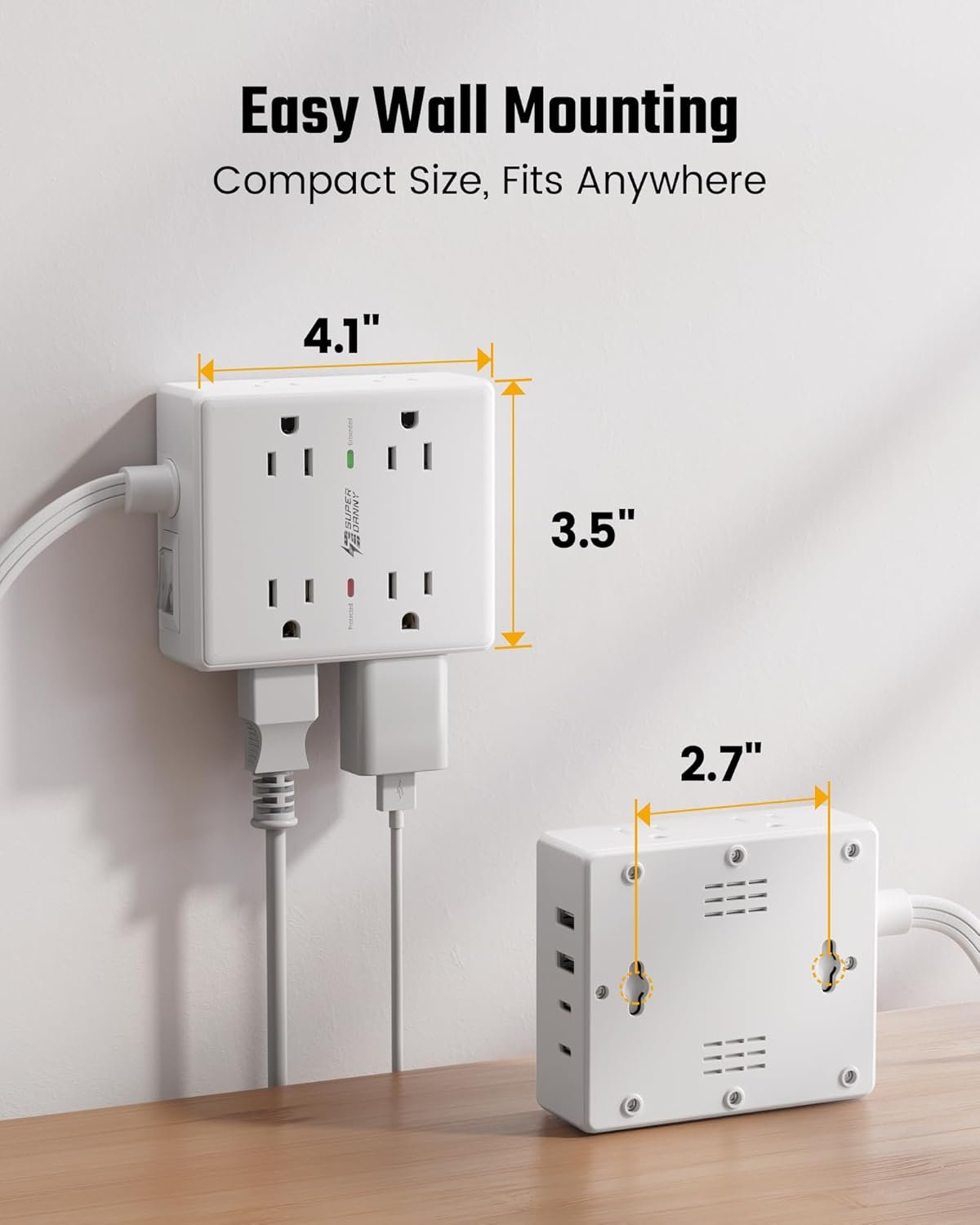 SUPERDANNY Extension Cord,Flat Plug Surge Protector Power Strip,10Ft | 8 AC & 4 USB Ports (2 USB C),Surge Protector with 1050J,Desk Charging Station for Home Office,College Dorm Room Essentials - Image 7