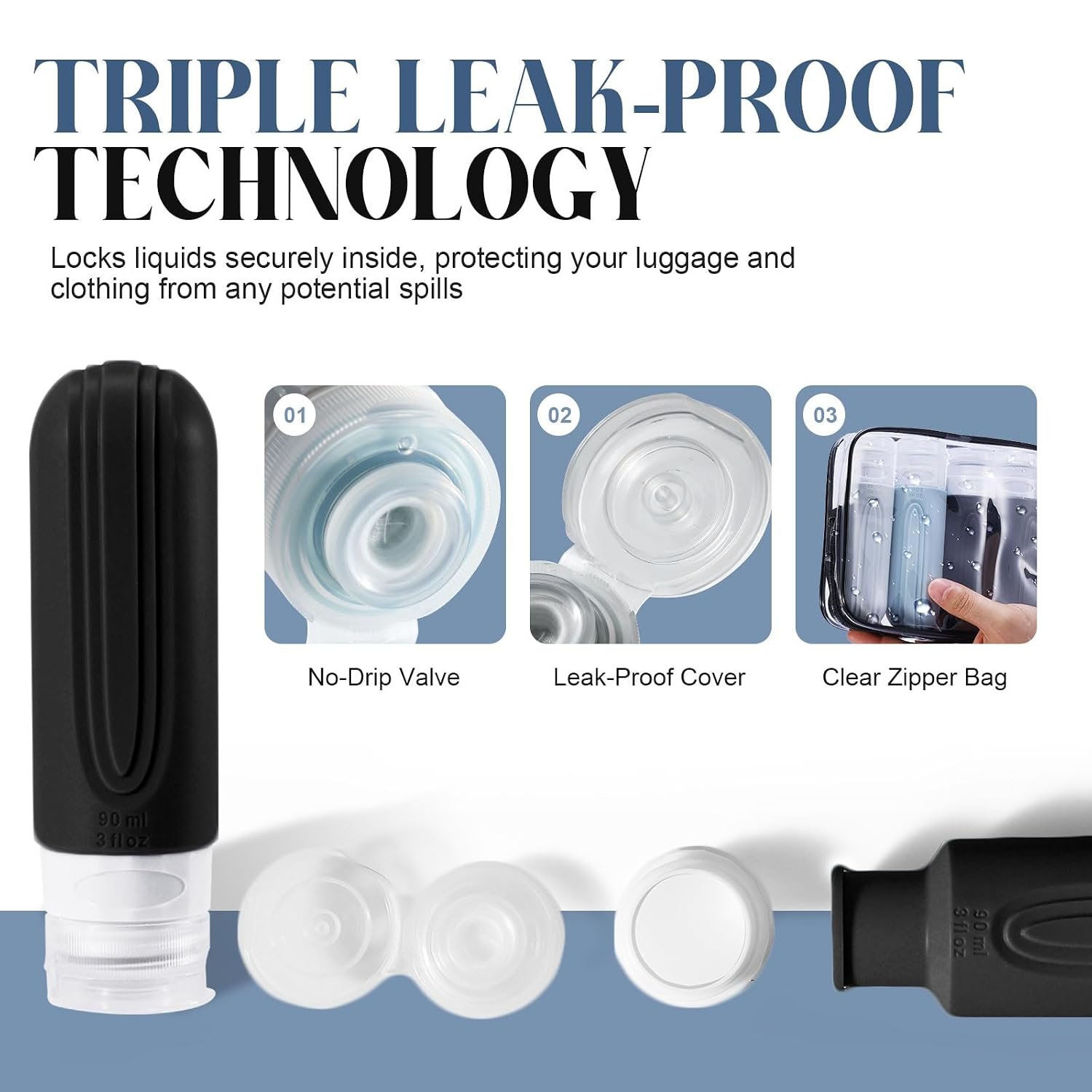 Travel Bottles for Toiletries, 3oz TSA Approved Travel Size Toiletries, Silicone Leak-Proof Refillable Containers, Squeezable Liquid Essentials Bottles W/Clear Bag (GRAY) - Image 4