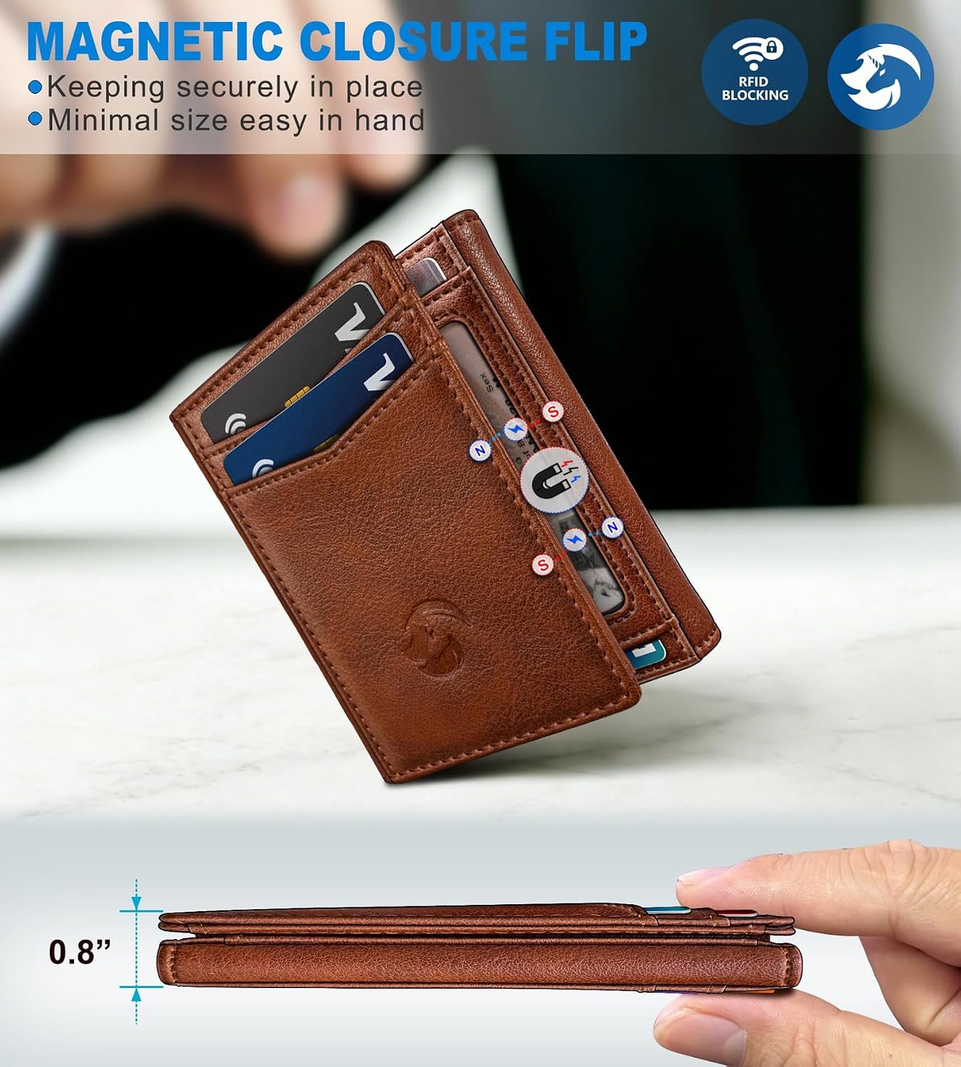 Trifold Wallet for Men - RFID Blocking Leather Slim Wallet with Magnetic Closure, 12 Card Slots, 2 ID Windows & Cash Pocket, Ideal Gift for Him, Daily Carry - Image 3