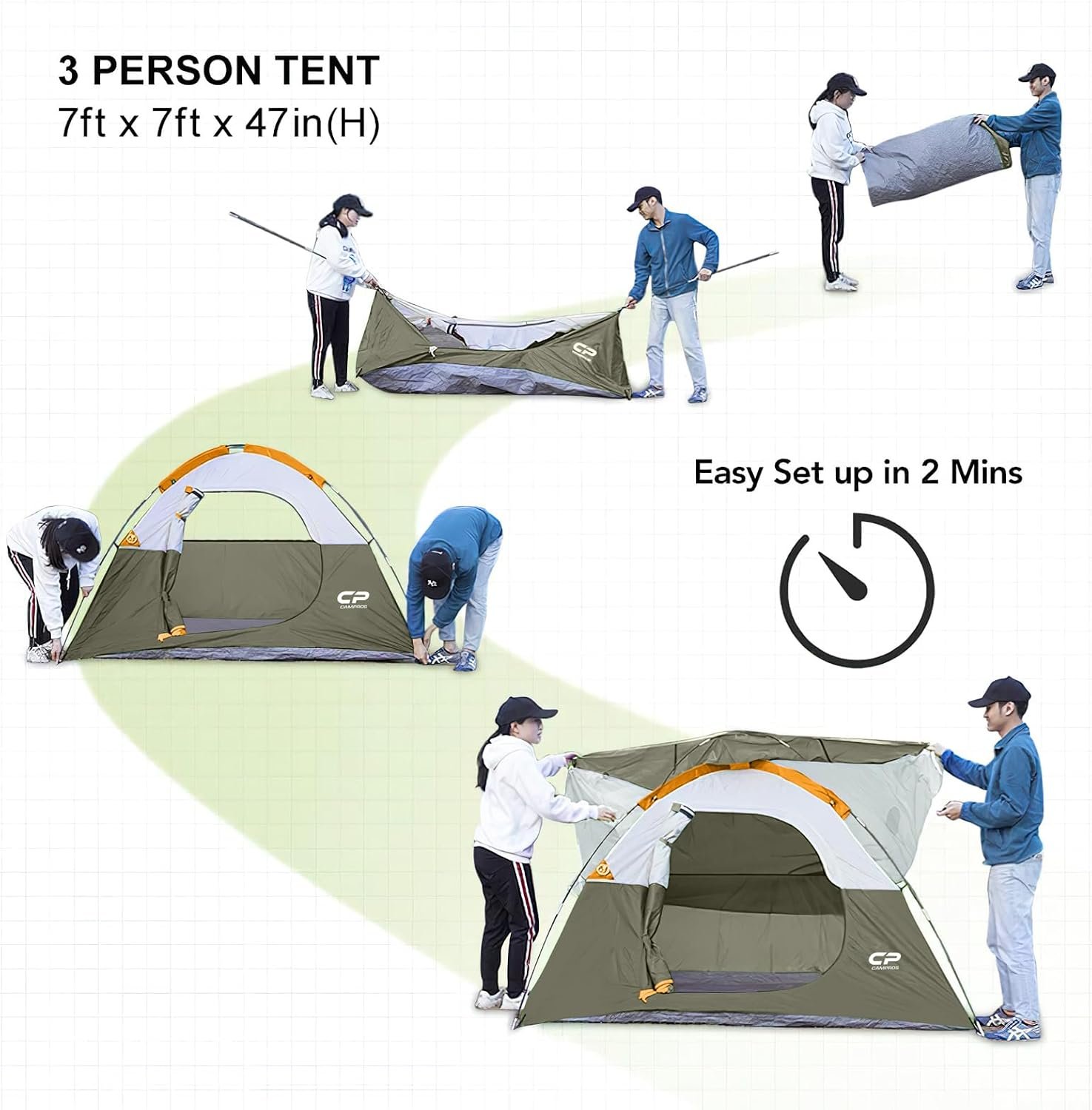CAMPROS CP 3 Person Tent, Waterproof Dome Tents for Camping with Rainfly | Camping Tent Easy Setup in 3 Mins, Portable Family Tent with Large Mesh Window & Carry Bag for Outdoor Hiking - Image 6