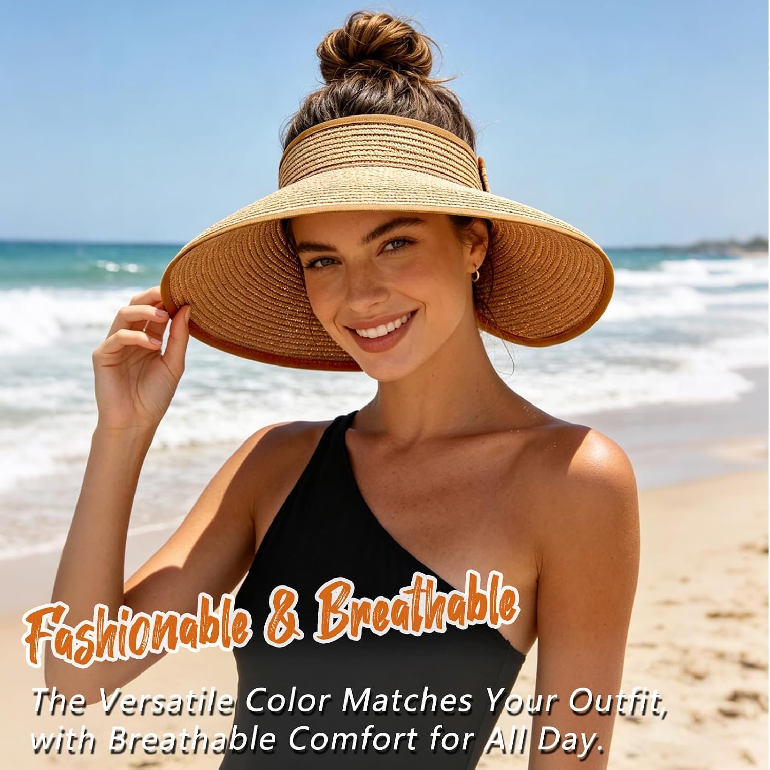 Sun Hats Visor for Women, UV UPF Straw Beach Hat Foldable Wide Brim Ponytail Summer Hats Packable Travel - Image 5