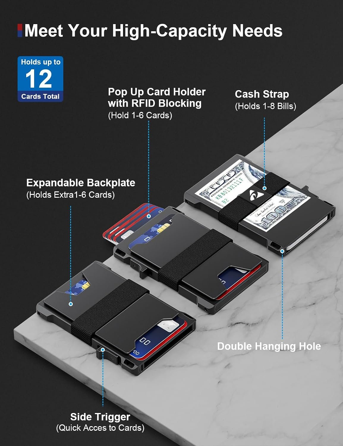 dwnkove Slim Card Holder Wallet for Men, Upgrade Minimalist Metal Pop Up Wallets, Ultra-Thin Design, Smart Wallet for Men, Front Pocket RFID Blocking Wallets, Holds 12+ Cards Plus Cash - Image 3