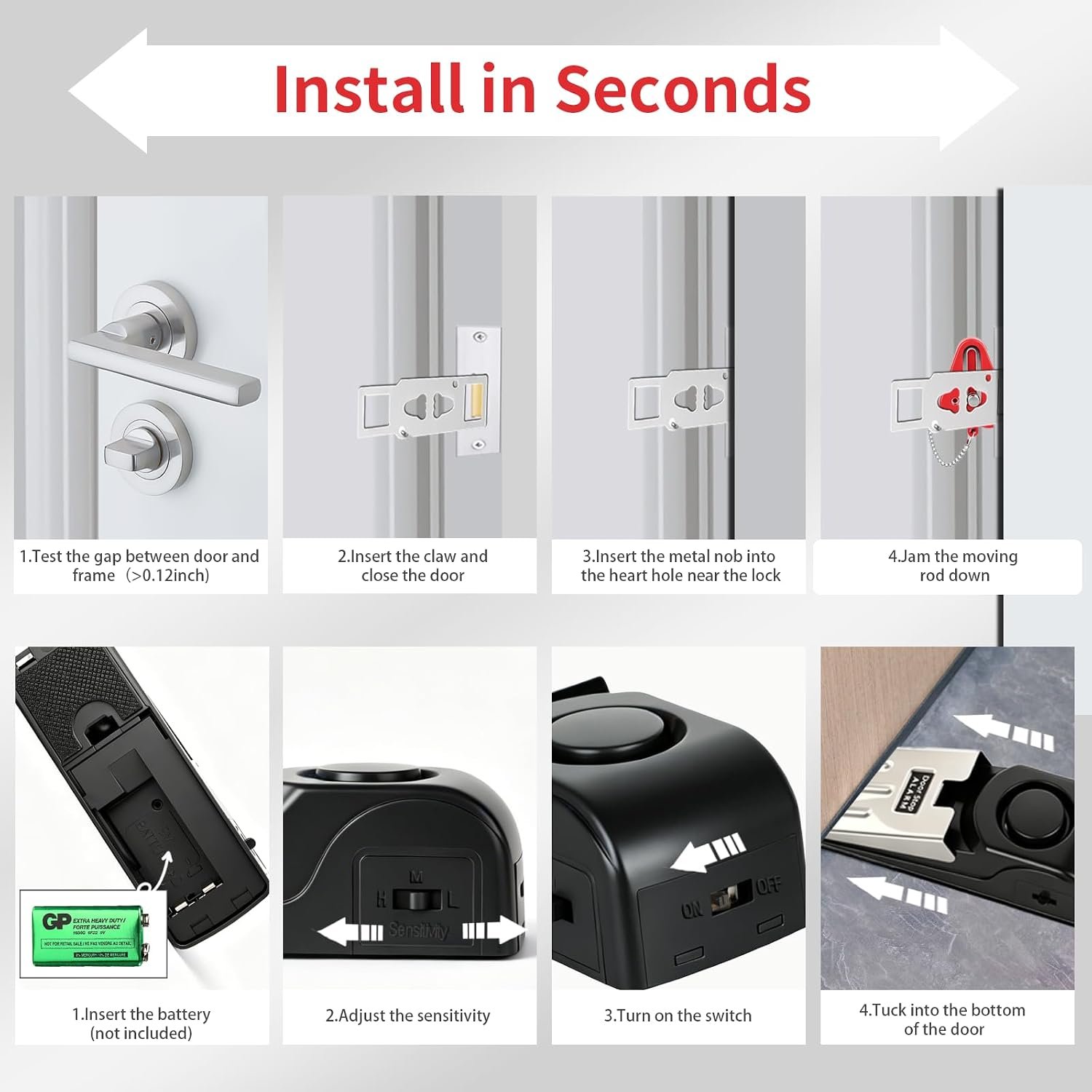 Portable Door Lock & Door Stop Alarm Set, Dual Protection Home Security Door Kit, Travel Hotel Lock Devices Pocket Self Defensey Tools for Traveling Hotel Home Apartment,Red - Image 7