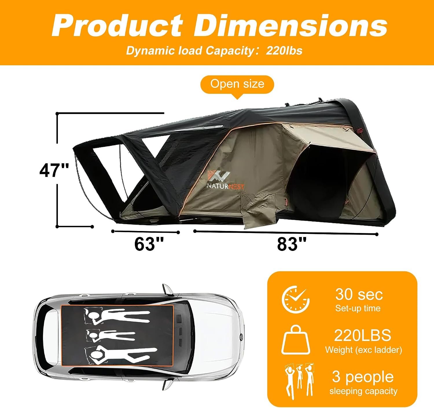 Naturnest Rooftop Tent Hard Shell with Annex Room, Easy Set Up Large Tent for 2-3 Person Camping, Waterproof 4 Season Tents for Truck, Jeep, SUV, Van, Trailer - Sirius 1 with Annex Room - Image 9