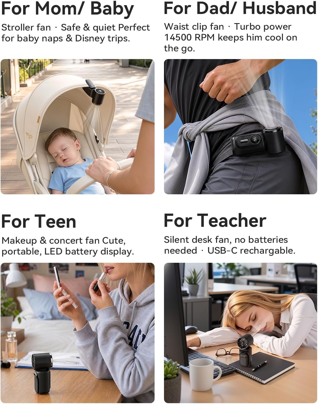 Mini Clip on Fan Handheld, 3000mAh Rechargeable Portable Fan with LED Display, 3-in-1 Personal Cooling Fan, 4 Speeds Quiet USB C Fan for Stroller Desk Travel Camping Office for Women Men Kids, Black - Image 3