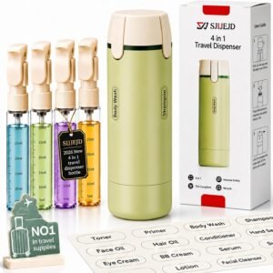 4 in 1 Travel Dispenser Bottle Set, Leakproof TSA Travel Size Containers for Toiletries, Portable Refillable Bottles, Hard Shell Rotating Design with Scale and Labels