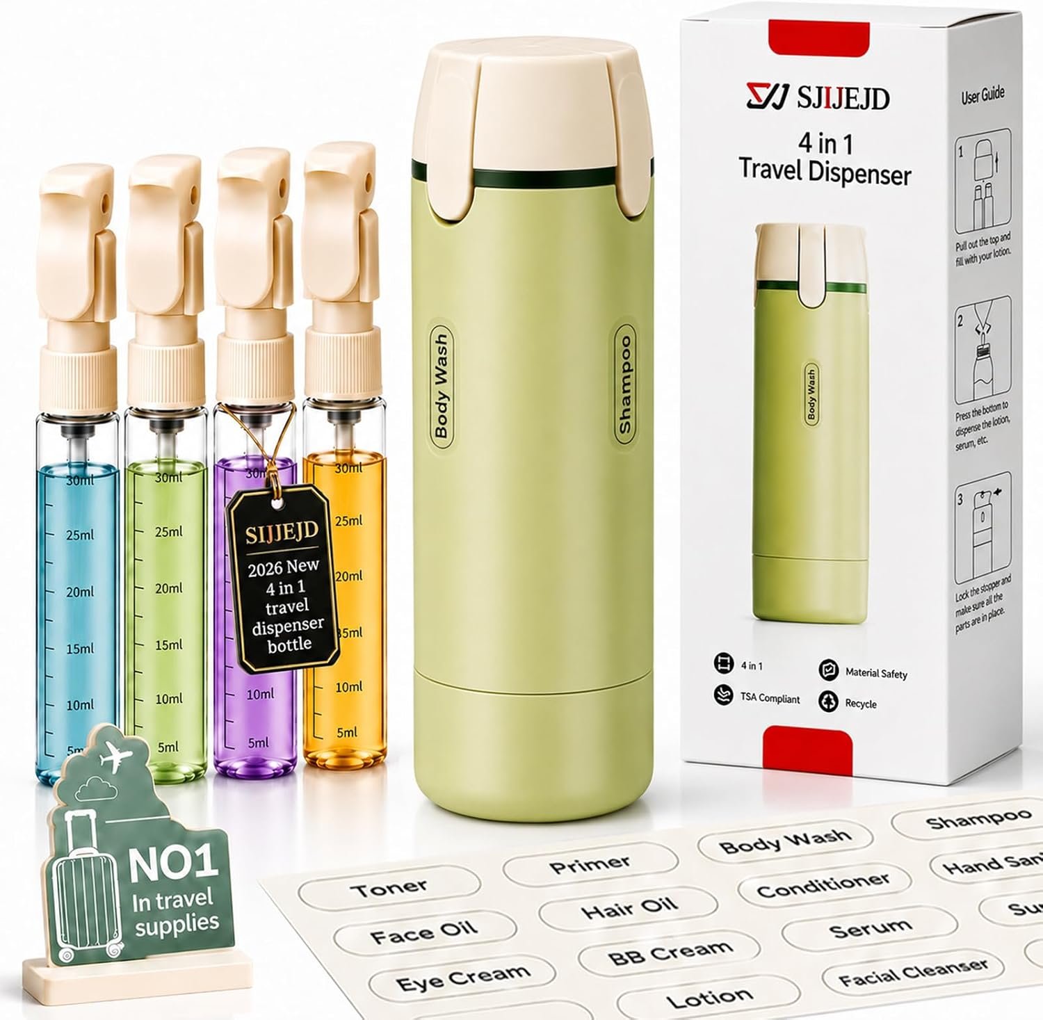 4 in 1 Travel Dispenser Bottle Set, Leakproof TSA Travel Size Containers for Toiletries, Portable Refillable Bottles, Hard Shell Rotating Design with Scale and Labels