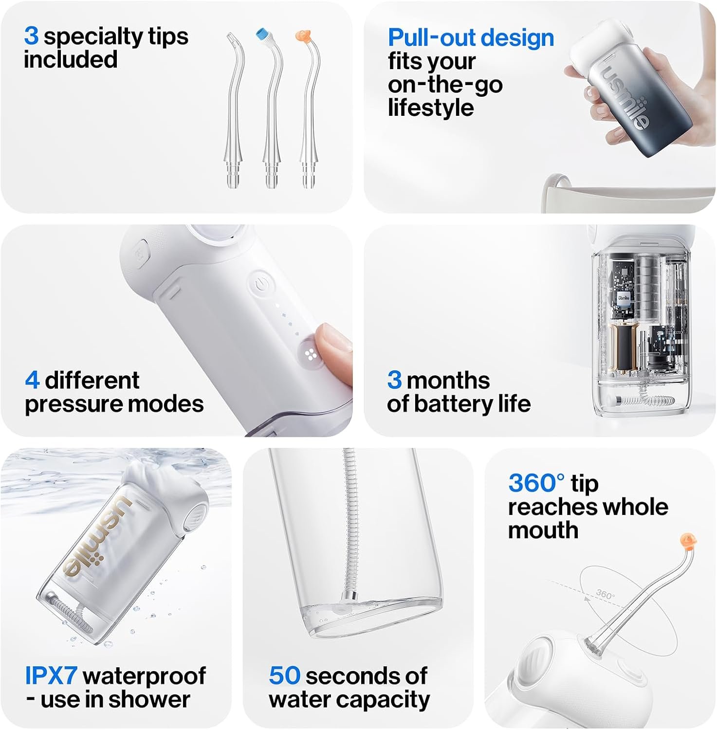 usmile C10 Portable Water Flosser for Travel, 95-Day Battery, IPX7, Black | 180ml Tank, 4 Modes, 360° Nozzle, Cordless Oral Irrigator for Braces, Implants & Sensitive Teeth, Teeth Cleaner - Image 6