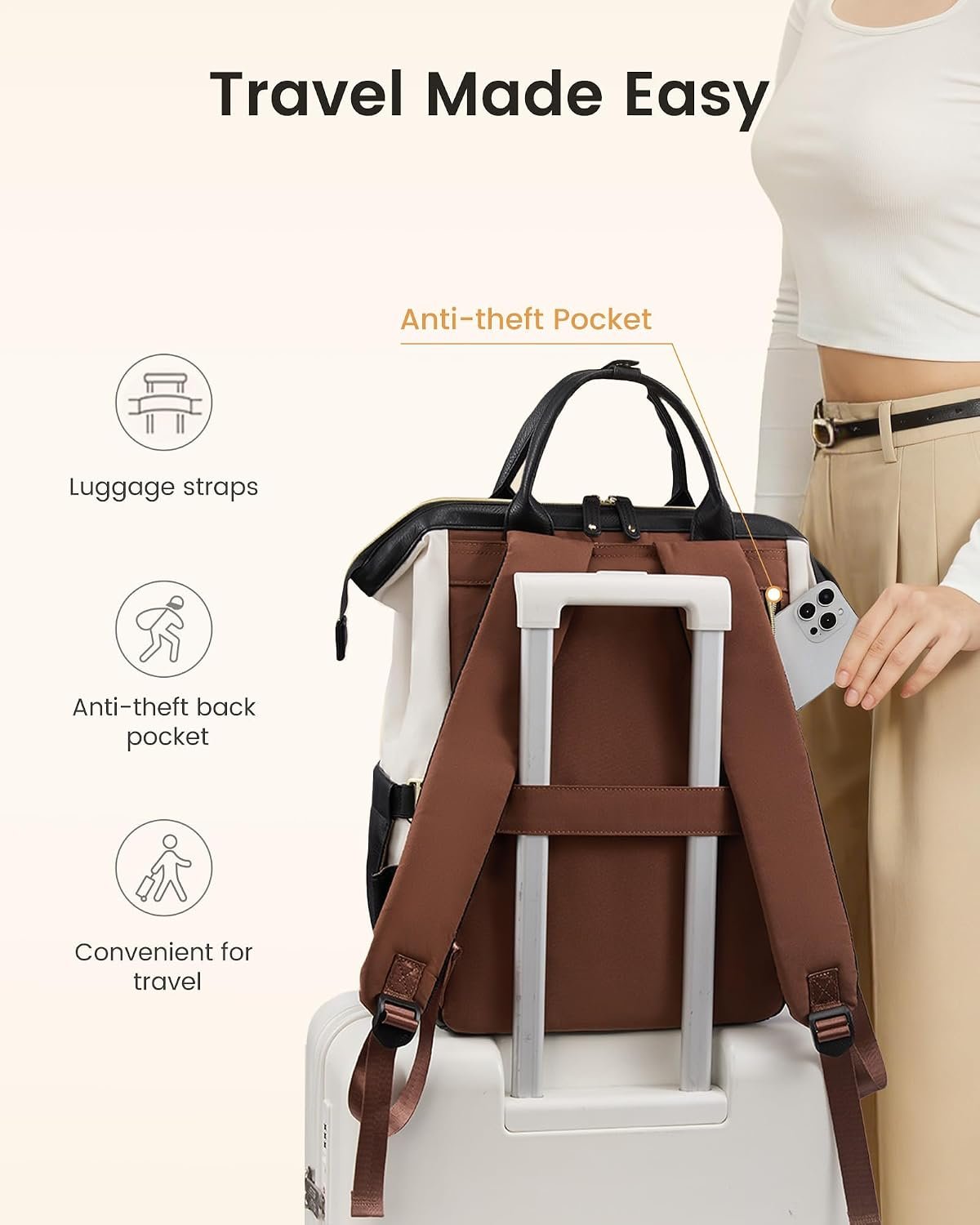 LOVEVOOK Laptop Backpack for Women with Giant Tumbler Holder,18 inch Professional Nurse Teacher Backpack Computer Laptop Bag,Cute Waterproof Travel Backpack Purse Work College Bag, Beige-Black-Brown - Image 7