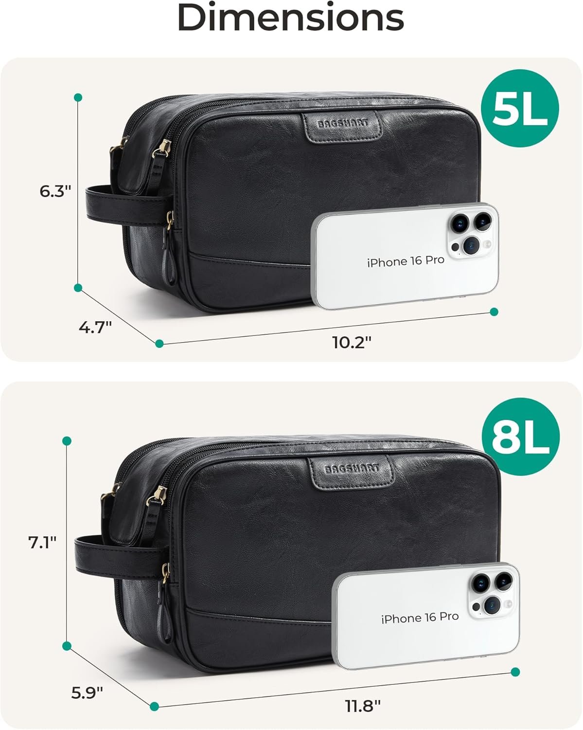 BAGSMART Medium Toiletry Bag for Men, PU Leather Water Resistant, Black | High-gloss, Travel Bag for Toiletries, Dopp Kit, Shaving Bag for Bathroom Shower - Image 2