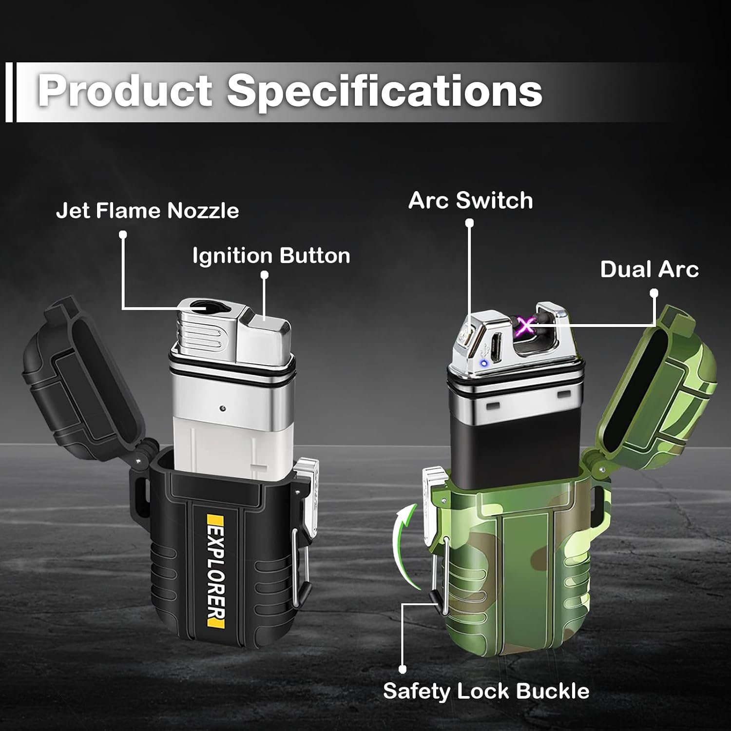 2 Pack Waterproof Lighter Outdoor Windproof Torch Lighters Dual Arc Butane Electric Lighters USB Rechargeable Lighters Flameless Plasma Lighter Camping Hiking Adventure Survival Tactical Gear - Image 4