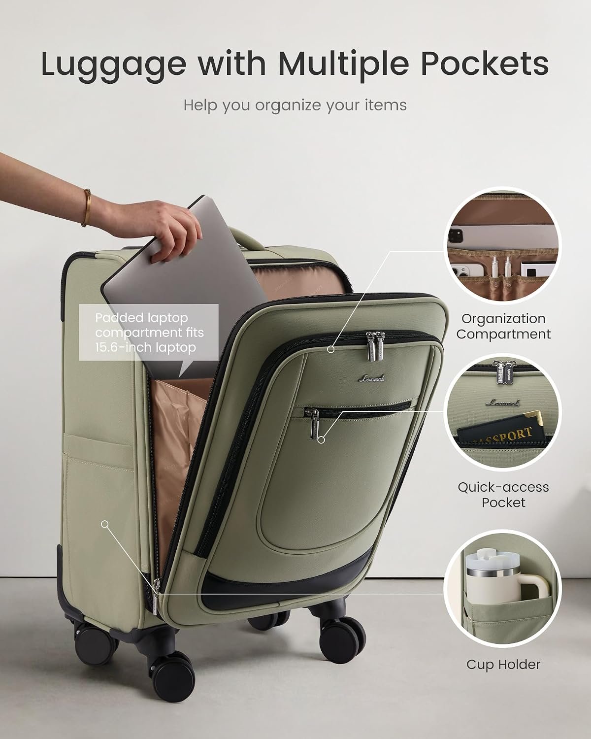 LOVEVOOK Carry On Luggage 22x14x9 Airline Approved 22inch Softside Suitcase | Rolling Suitcase with Spinner Wheels TSA Lock Laptop Compartment for Women Men, Luggage for Travel Business Trip Plane, Green - Image 4