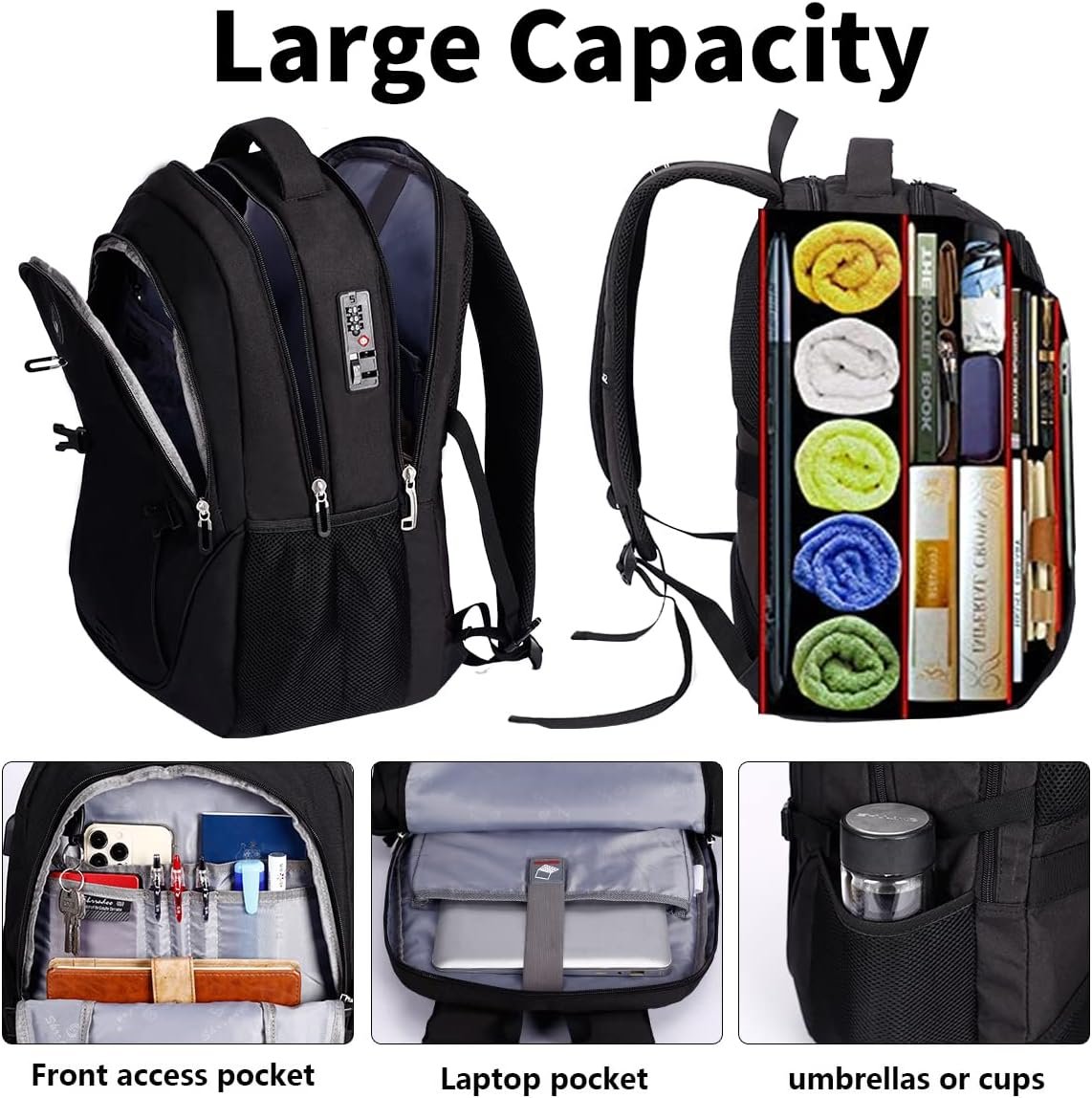 SHRRADOO Travel Laptop Backpack for Men Women, College High Schoolbag | Anti Theft Backpacks with Combination Lock, Carry On Flight Approved, Fit 17 Inch Laptop, Bookbag Work School Backpack - Image 3