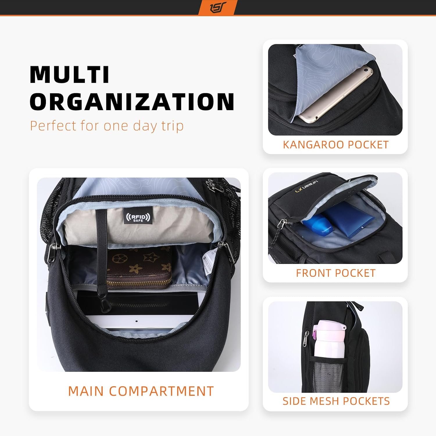 SKYSPER Sling Bag RFID Crossbody Sling Backpack Cross Body Shoulder Bag Travel Hiking Daypack for Women Men(Black) - Image 2