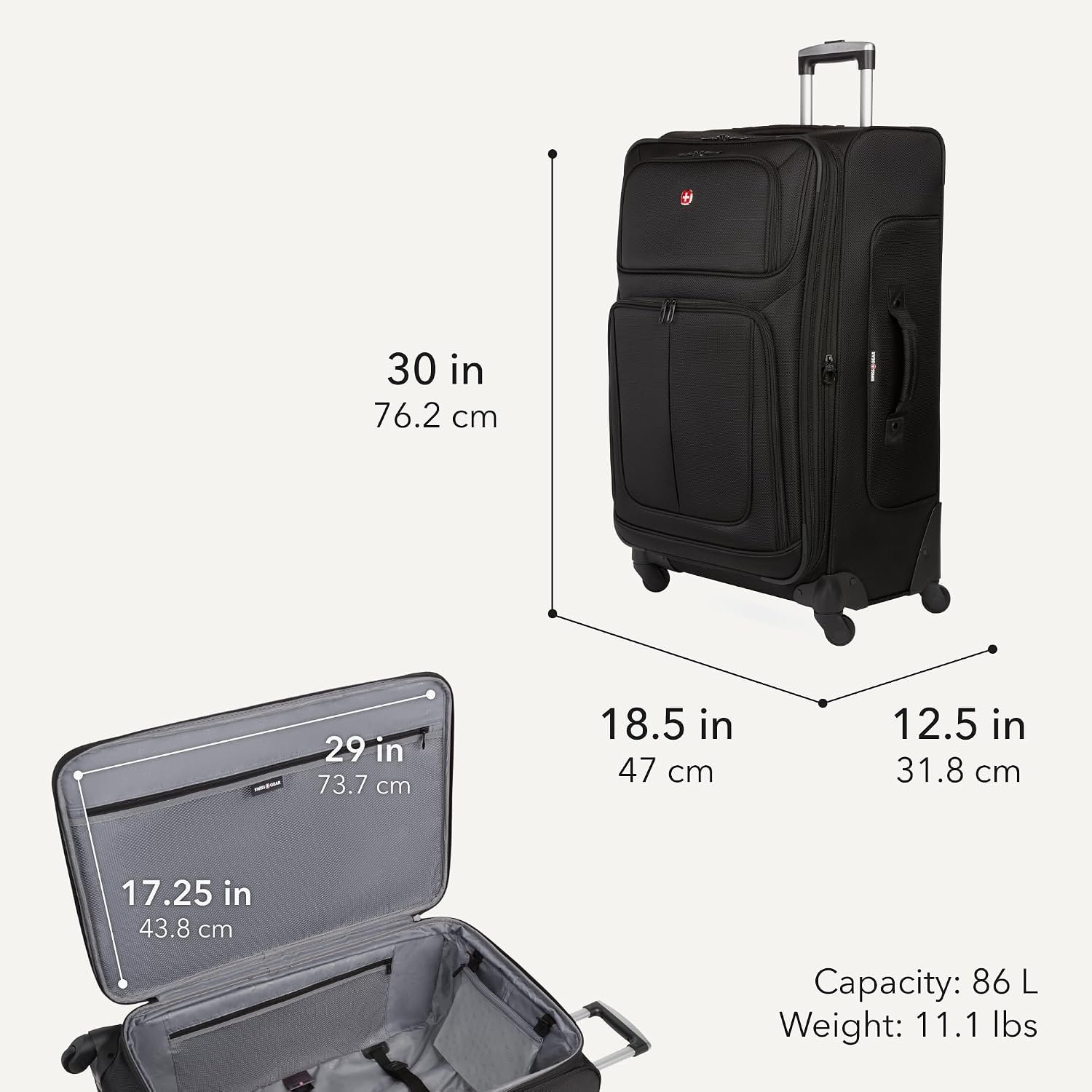 SWISSGEAR Sion Softside Expandable Spinner Luggage Durable Lightweight Travel Suitcase, Black, Checked-Large - Image 2