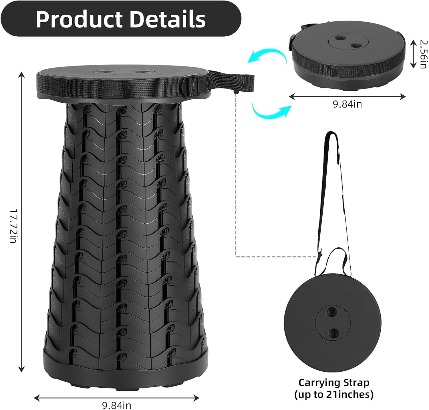 Qiguet Collapsible Stool, Folding Chair - Upgraded Portable Chair with Load Capacity 400lbs, Portable Stool for Camping Fishing Hiking - Folding Tool with Carrying Straps,Gifts for Fisherman (Black) - Image 2