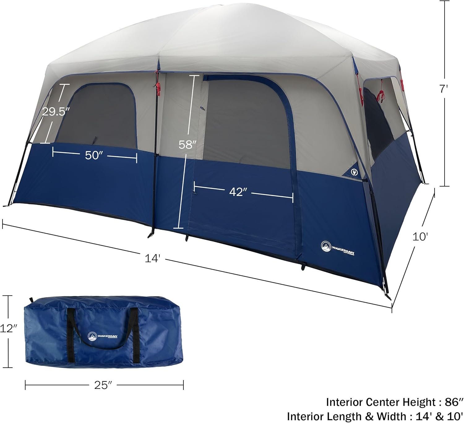 Wakeman Outdoors 10 Person Camping Tent with Rainfly, Navy | Large Outdoor Tent with Room Divider - Fits 4 Queen Size Mattresses - Family Camping House with 2 Doors and 4 Screen Windows - Image 5