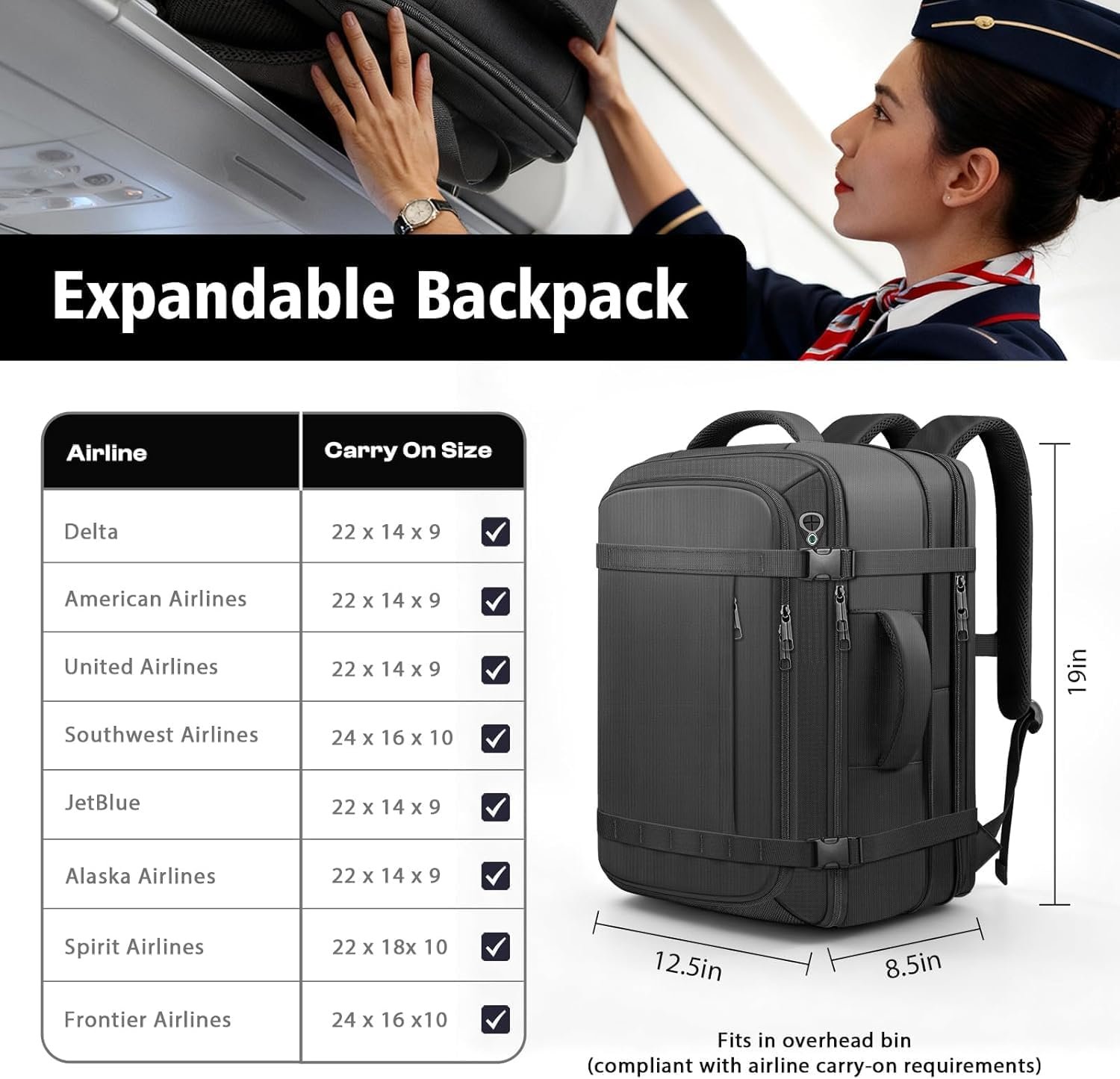 Travel Backpack with LifetimeWarranty,Expandable Carry on Backpack,Black | Expands 35L to 45L,Fits 17.3"Laptop Notebook,Water Resistant Weekender Backpack Business Trips Cable Access Port,Daily Travel - Image 3