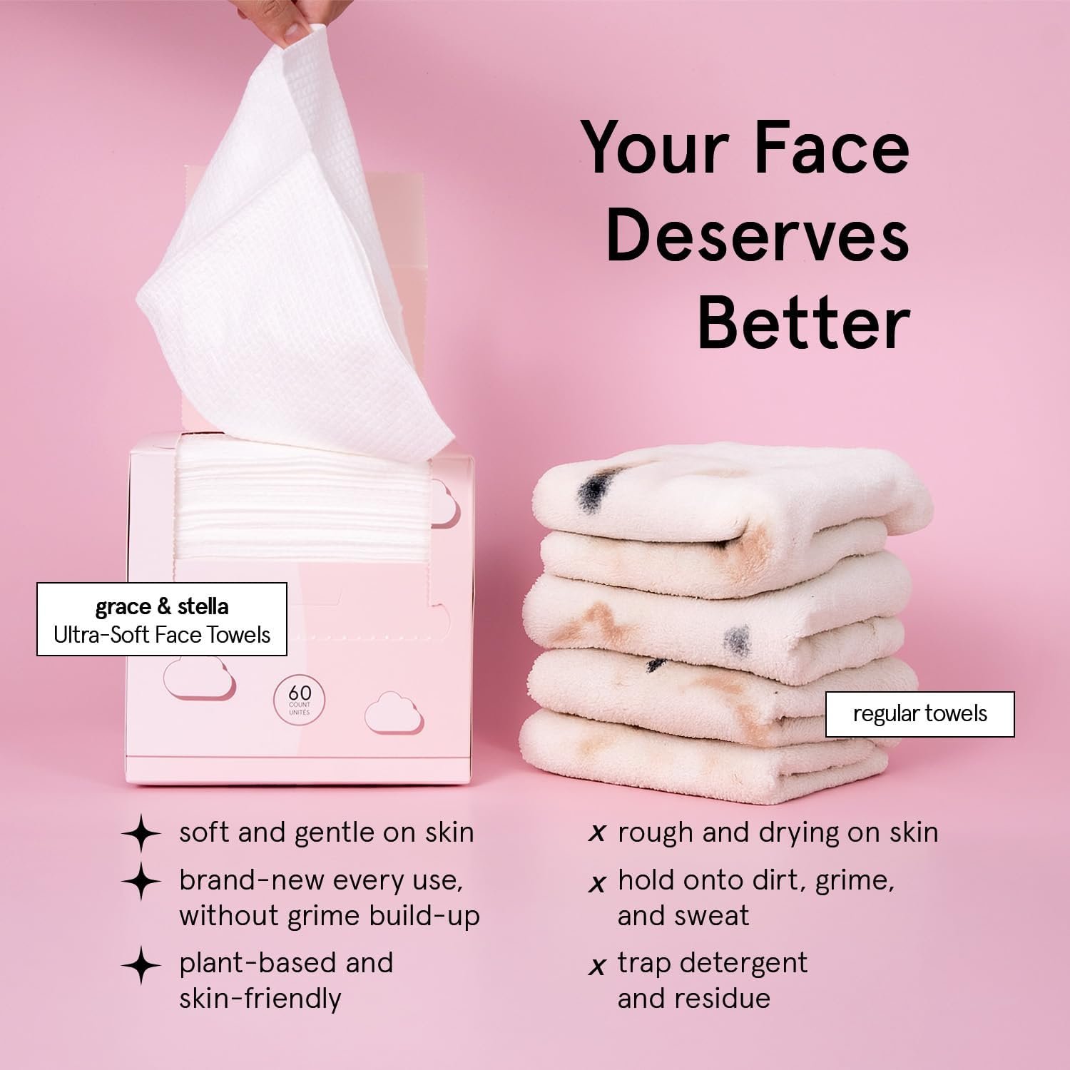 grace & stella Face Towels Disposable - Travel Essentials (60 Count) | Ultra-Soft & Absorbent Face Wipes Towelettes - XL Facial Towels for Cleansing & Makeup Removal - Lint-Free Facial Tissue - Image 3