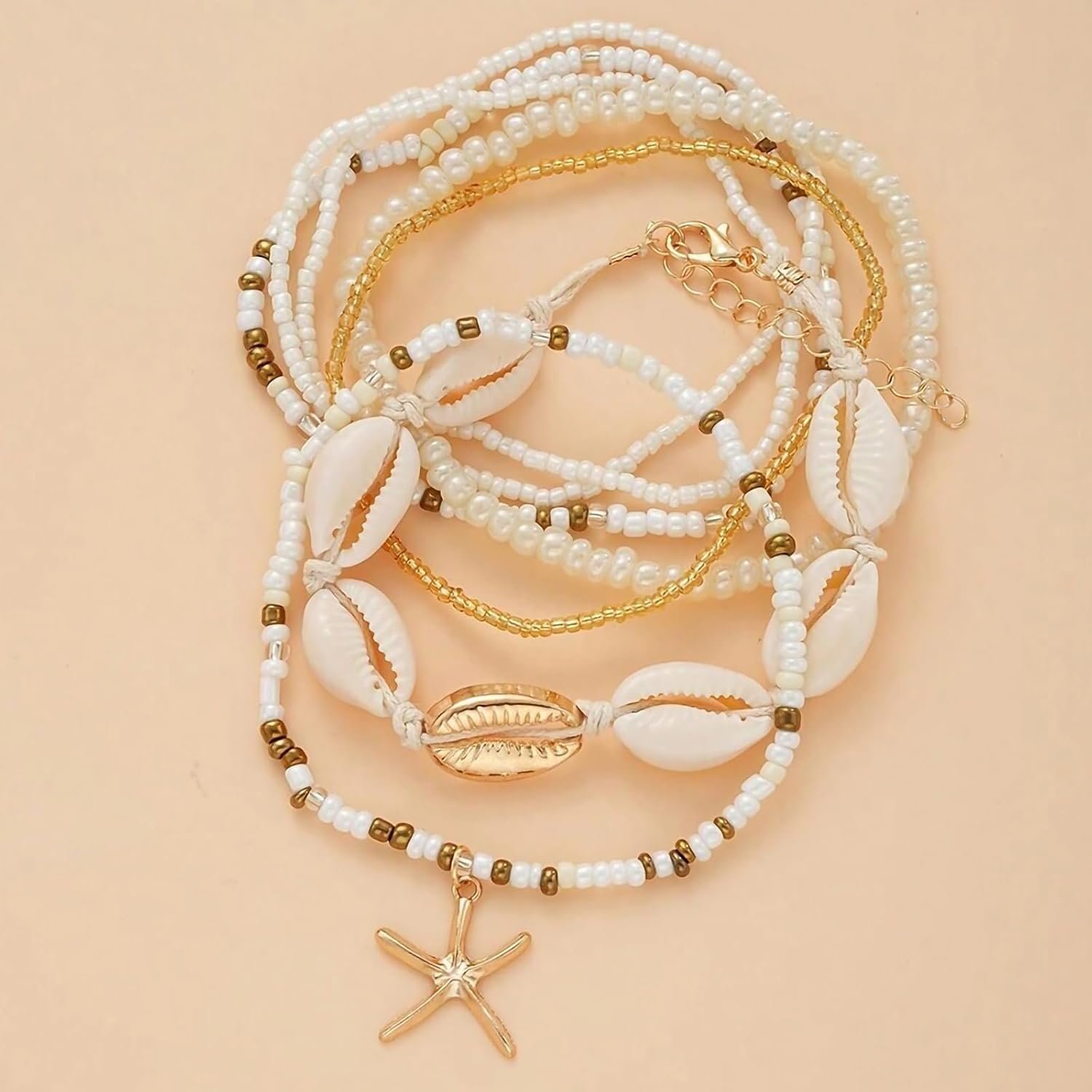 Qceasiy Shell Ankle Bracelets for Women, Boho Beaded Beach Anklet Set | Seashell, Heart, Starfish and Conch Styles, Gold-Tone, Stretch or Adjustable Fit, Layered Beach Vacation Jewelry Gifts - Image 7