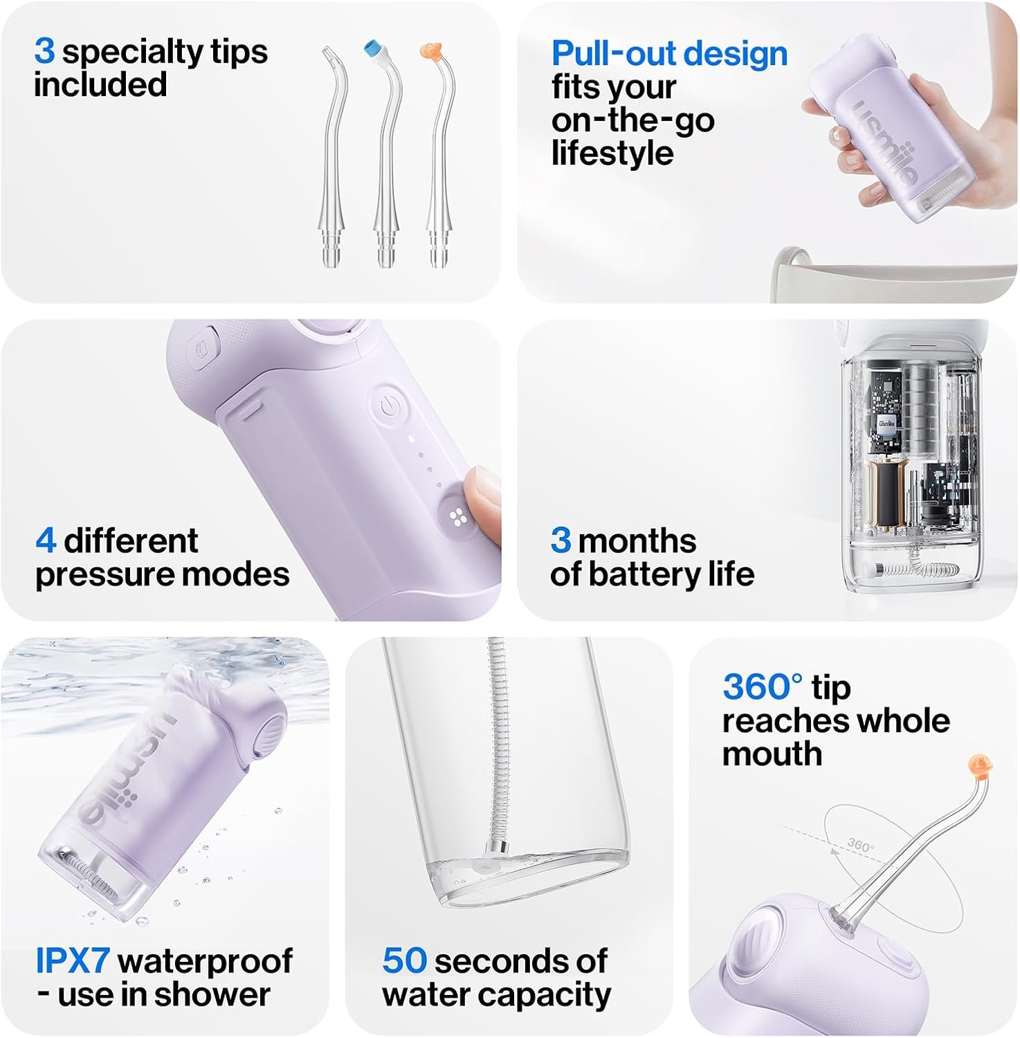 usmile C10 Portable Water Flosser for Travel, 95-Day Battery, IPX7, Purple | 180ml Tank, 4 Modes, 360° Nozzle, Cordless Oral Irrigator for Braces, Implants & Sensitive Teeth, Teeth Cleaner - Image 5