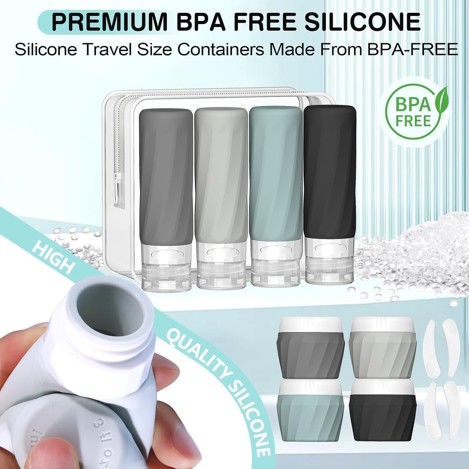 Silevoler 14pack Travel Bottles for Toiletries, TSA Approved Travel Size Toiletries Containers Set, Premium Silicone Leak Proof Refillable Squeezable & Creams jars Accessories Kit W/Clear Bag (Gray) - Image 3