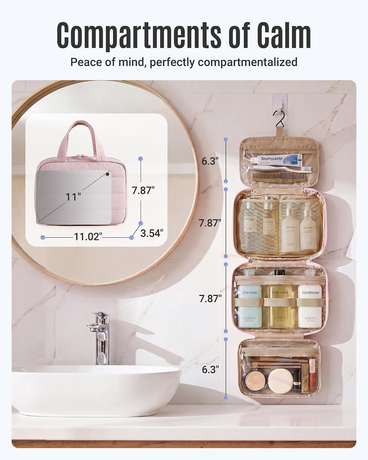 Travel Toiletry Bag - Hanging Makeup Organizer for Women & Men | Portable Hanging Organizer for Travel-Sized Shampoo, Full-Sized Toiletries, Brushes Set, Makeup Accessories, Black - Image 2