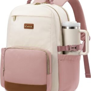 LOVEVOOK Laptop Backpack for Women with Pouch Pocket for Large Capacity Cup,15.6 Inch Teacher Nurse College Work Backpack Purse,Waterproof Laptop Bag Computer Back Pack for Travel, Beige-Pink-Brown