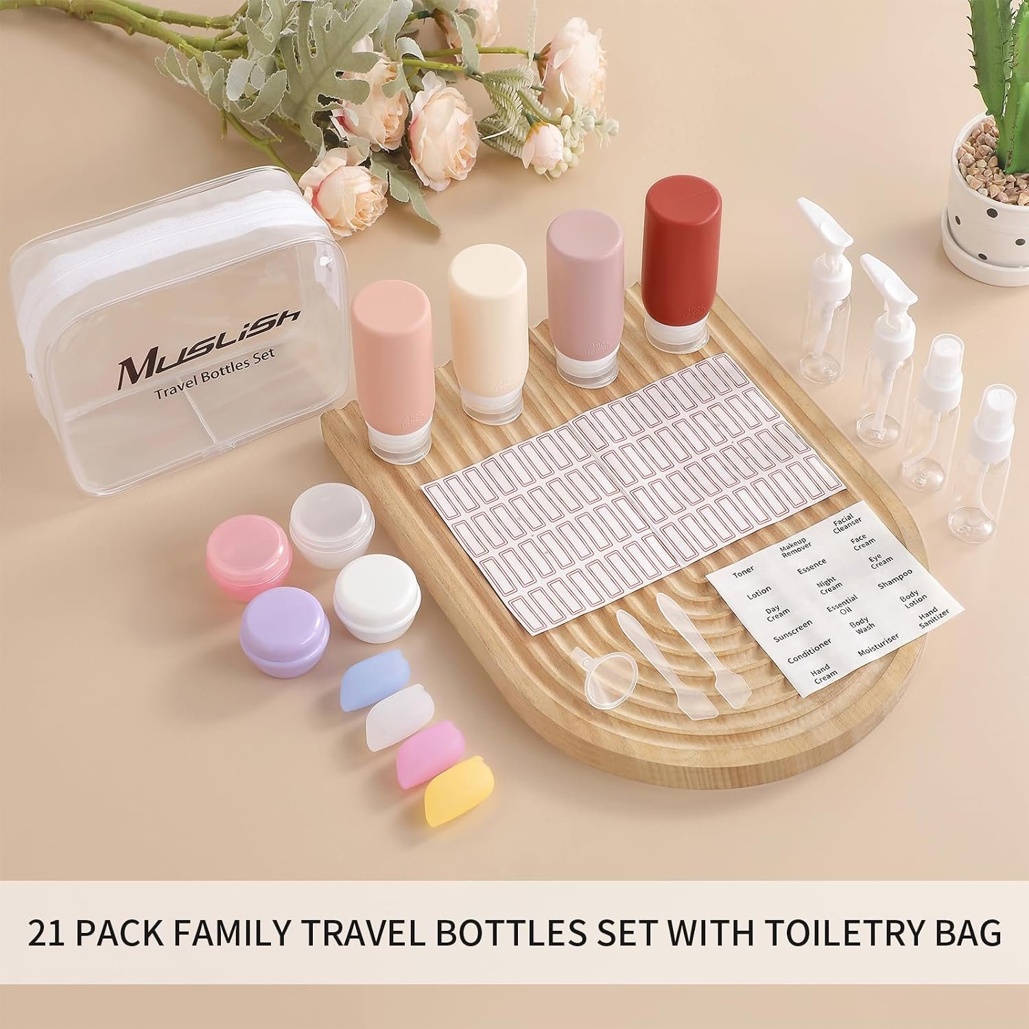 Muslish 21 Pack Travel Bottles for Toiletries, Leak-Proof TSA Compliant Silicone Travel Size Containers for Shampoo and Conditioner, BPA Free with Toiletry Bag (Cream) - Image 7