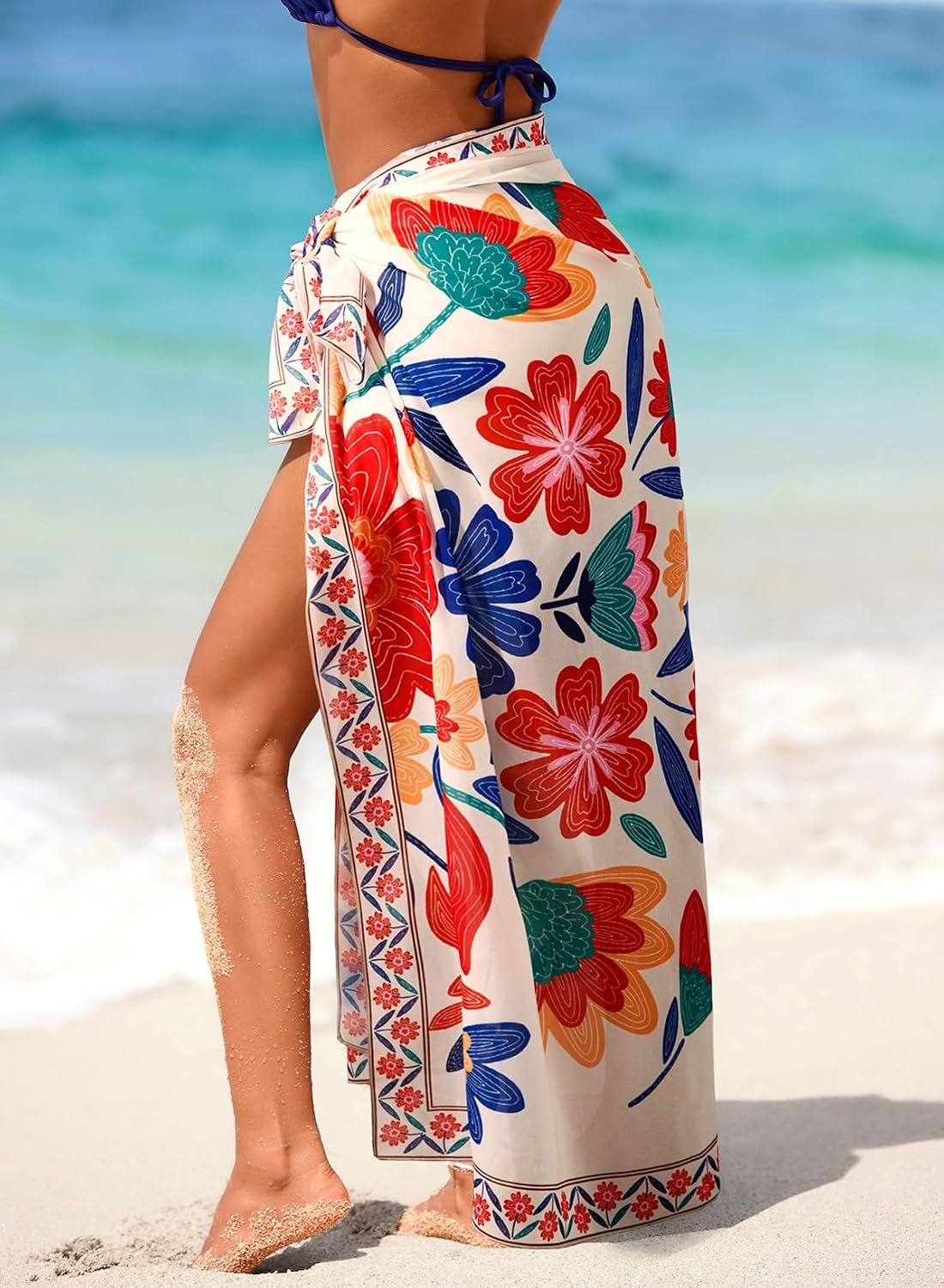 Women Sheer High Slit One Size Swimsuit Coverup Sarong Chiffon Wrap | Floral Print Bathing Suit Cover Up, Size: 55"× 45", Tie Side, Lightweight Swimwear, Beach Vacation Outfits, Cruise Essentials - Image 3