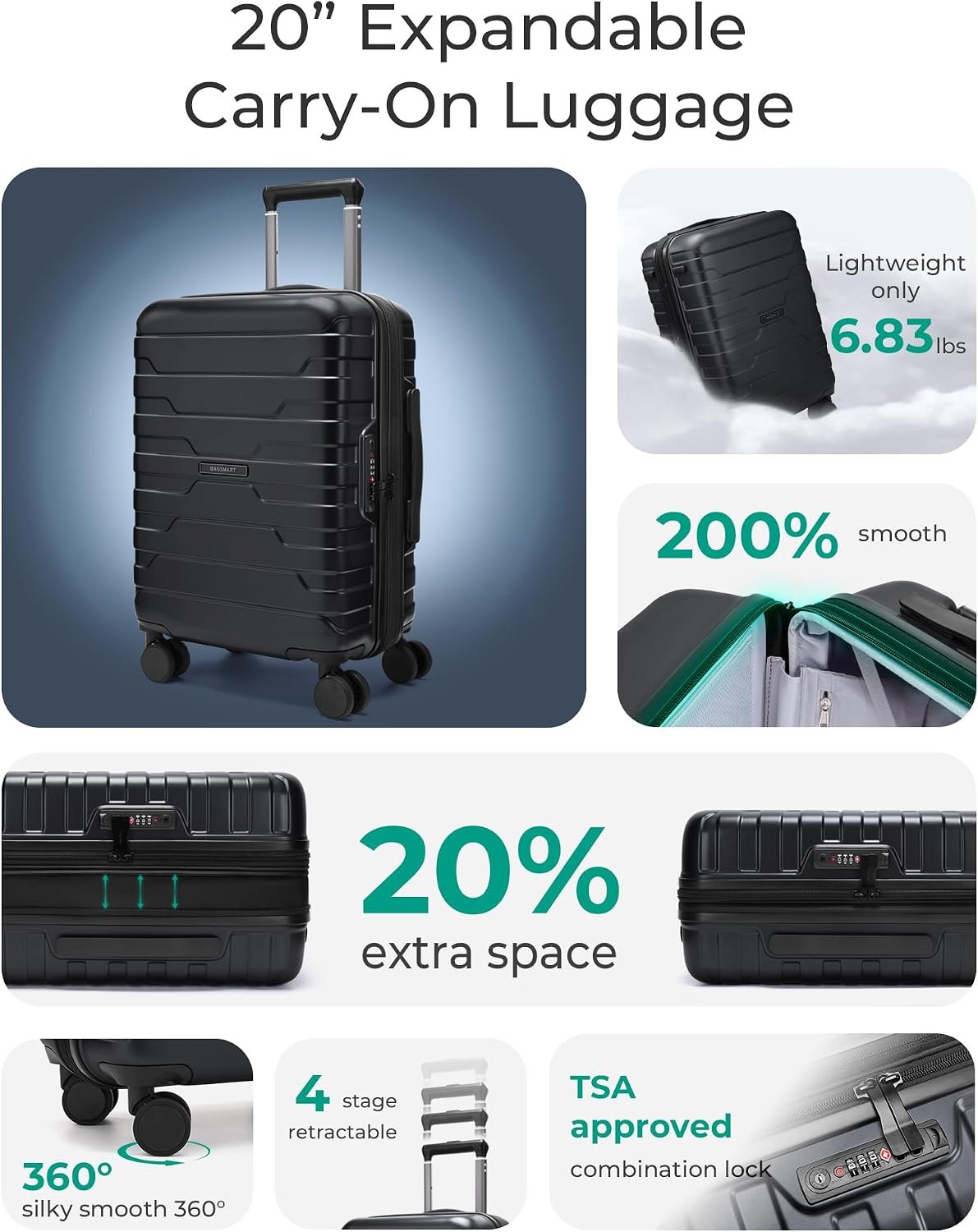 BAGSMART Carry-On Luggage 20" Expandable Spinner 22x14x9,Black - Image 2