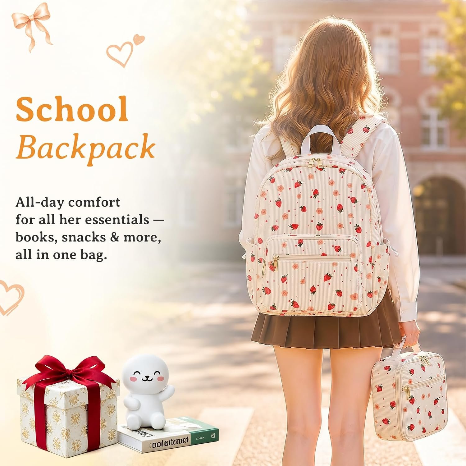 Corduroy Girls Backpack Set，Cute School Backpack for Teens Girls Kids Bookbags for Elementary High School Women Laptop Bags Daypacks Set With Lunch Bag and Pencil Case (Beige Strawberry, 3 Set) - Image 2