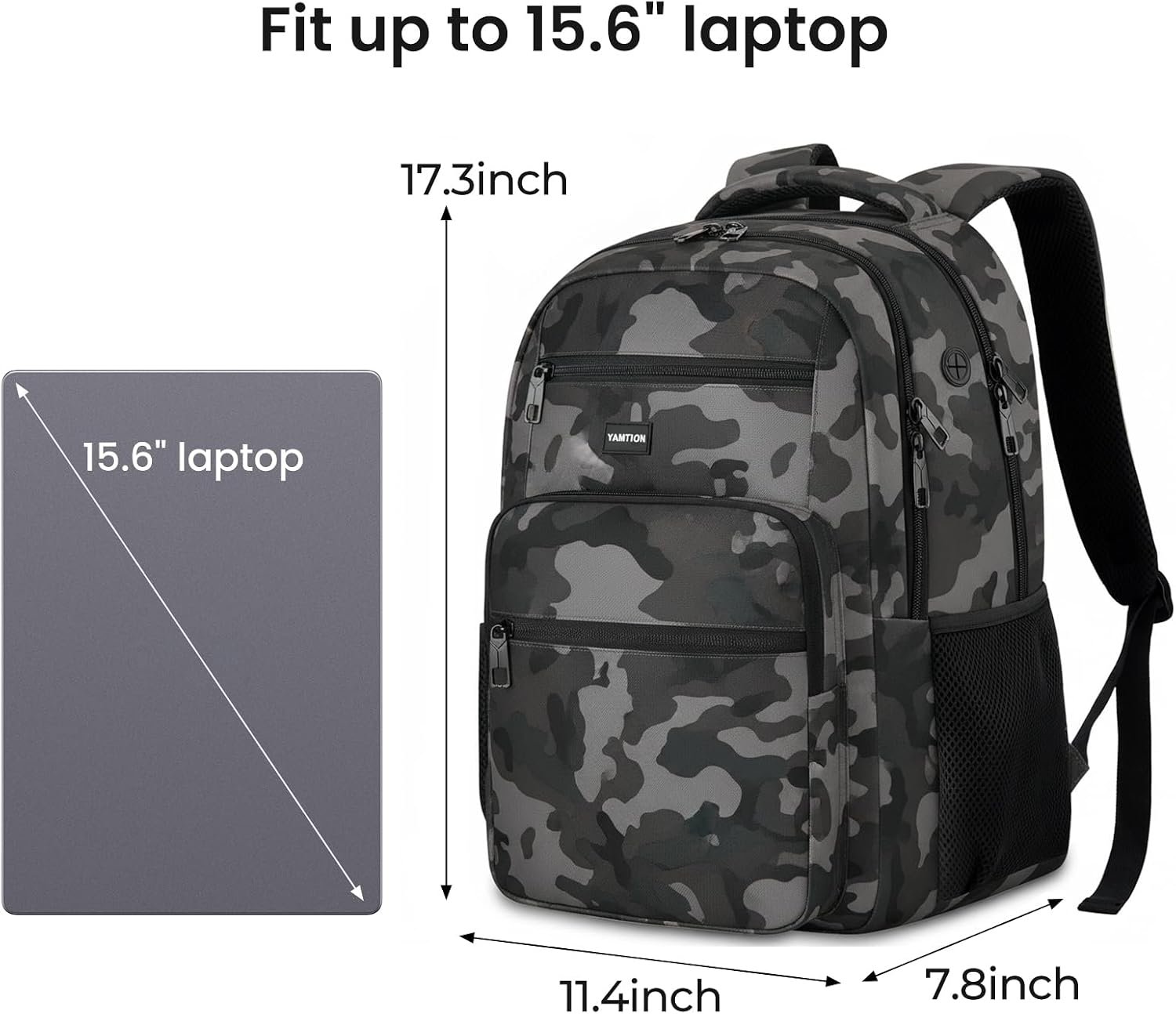 YAMTION Laptop Backpack for Men, Black Backpack, School Backpack for Boys and Girls, Bookbag, Work Backpack (Black Camo, 15.6 inch) - Image 4
