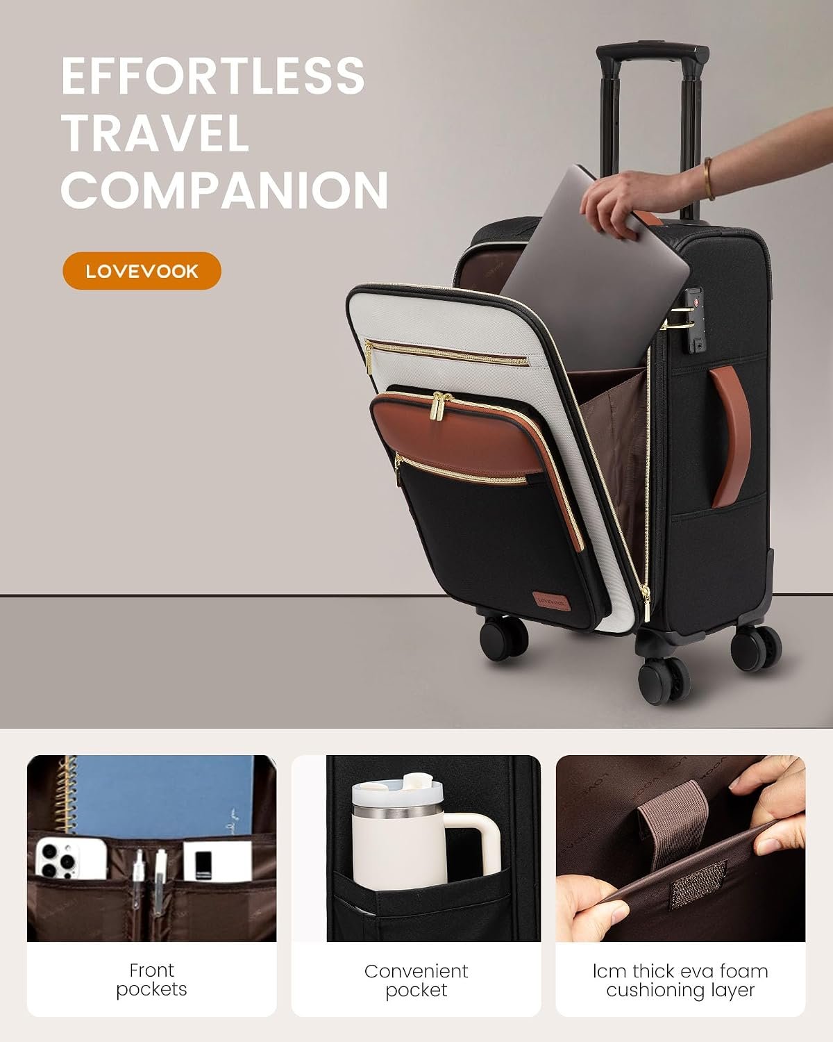 LOVEVOOK Carry on Suitcase 22x14x9 Airline Approved,20 inch Apricot-Coffee | Special Garment Compartment,Lightweight Waterproof, 360° Silent Swivel Wheels, TSA Lock and Compartment, Large Capacity - Image 7