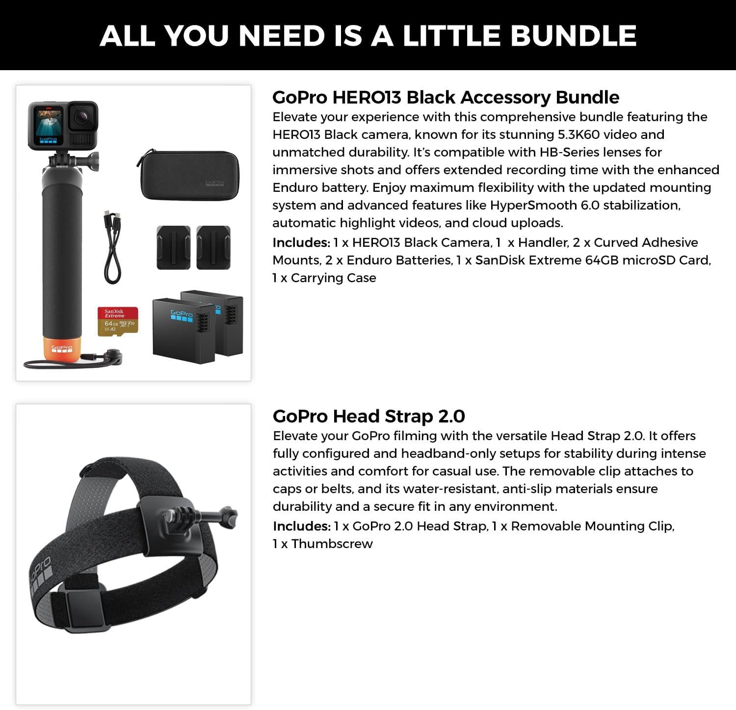 GoPro HERO13 Waterproof Action Camera (Black), 5.3K60 27MP, 2 Battery, Kit | GoPro bundle Includes Handler floating handgrip, 2 Enduro 1900mAh batteries, 64GB Extreme microSDXC card, Head Strap 2.0 Kit - Image 2