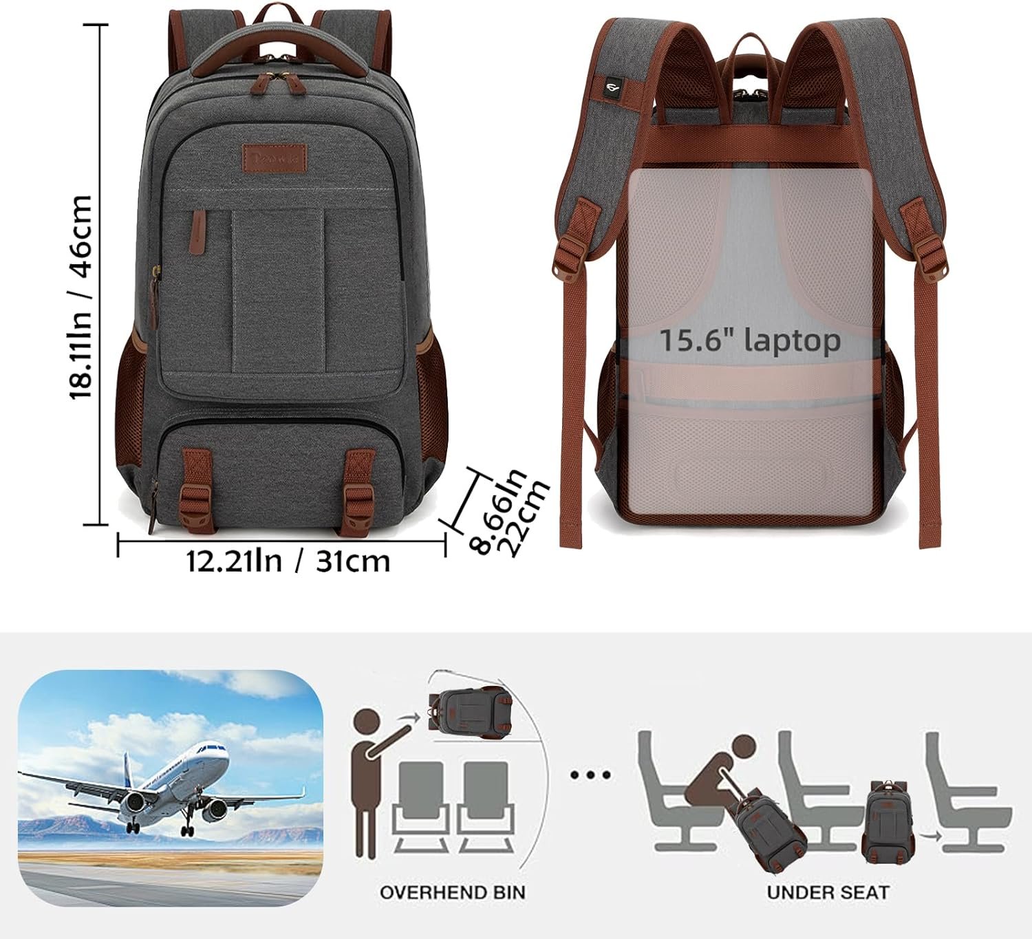 Tzowla Canvas Laptop Backpack, Bag for Men Women | Travel Work Rucksack Fits 15.6 Inch Laptop, Large Capacity Bookbag(Dark Grey) - Image 2