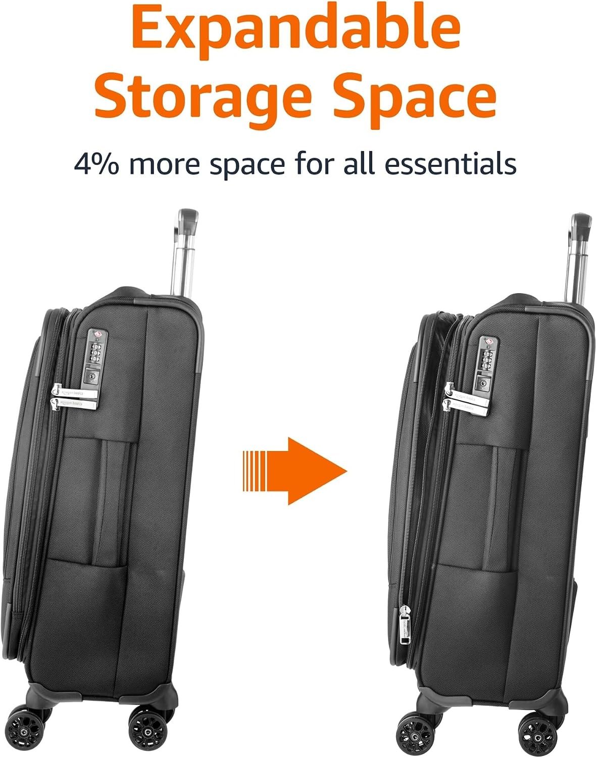 Amazon Basics 20" Carry-On Luggage, Softside Suitcase With TSA Lock, 8 Spinner Wheels, Telescoping Handle, Front Exterior Pocket, 3 Interior Pockets, Black - Image 6