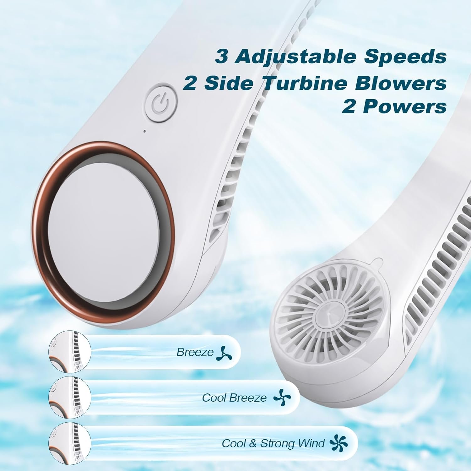 CIVPOWER Neck Fan: Portable Personal Neck Cooling Rechargeable Bladeless Fan - Hands Free 3 Speed 4000 mAh Battery USB Operated Wearable Headphone Design - Gift for Men Women Outdoor (White) - Image 3