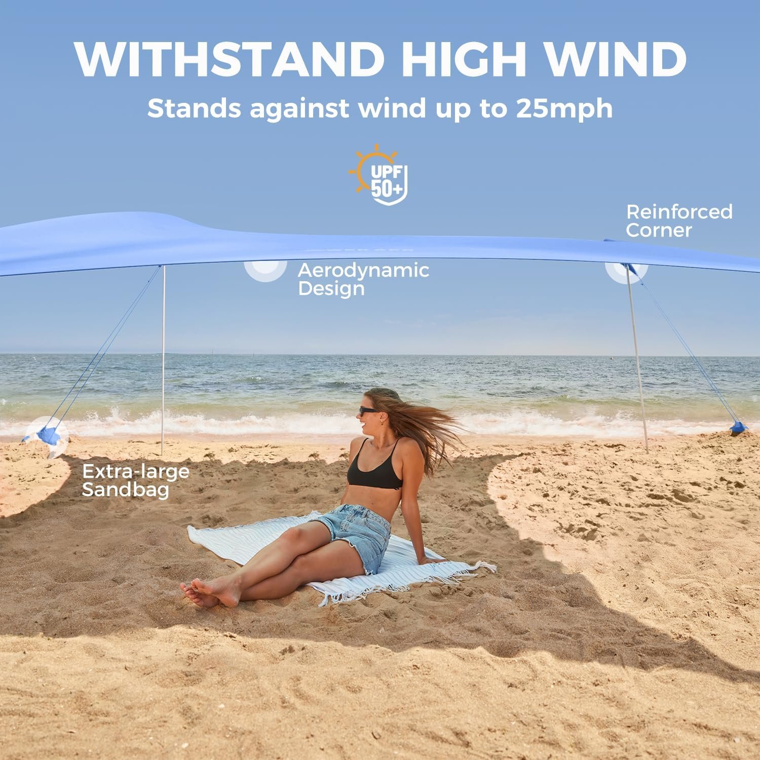 WEKAPO Beach Tent Sun Shelter - Easy Setup Beach Canopy with 4 Sturdy Poles | Large Sandbags and Shovel, 7'1'' Tall, Windproof Sun Shade for Backyard and Camping, UPF 50+ Protection - Image 4