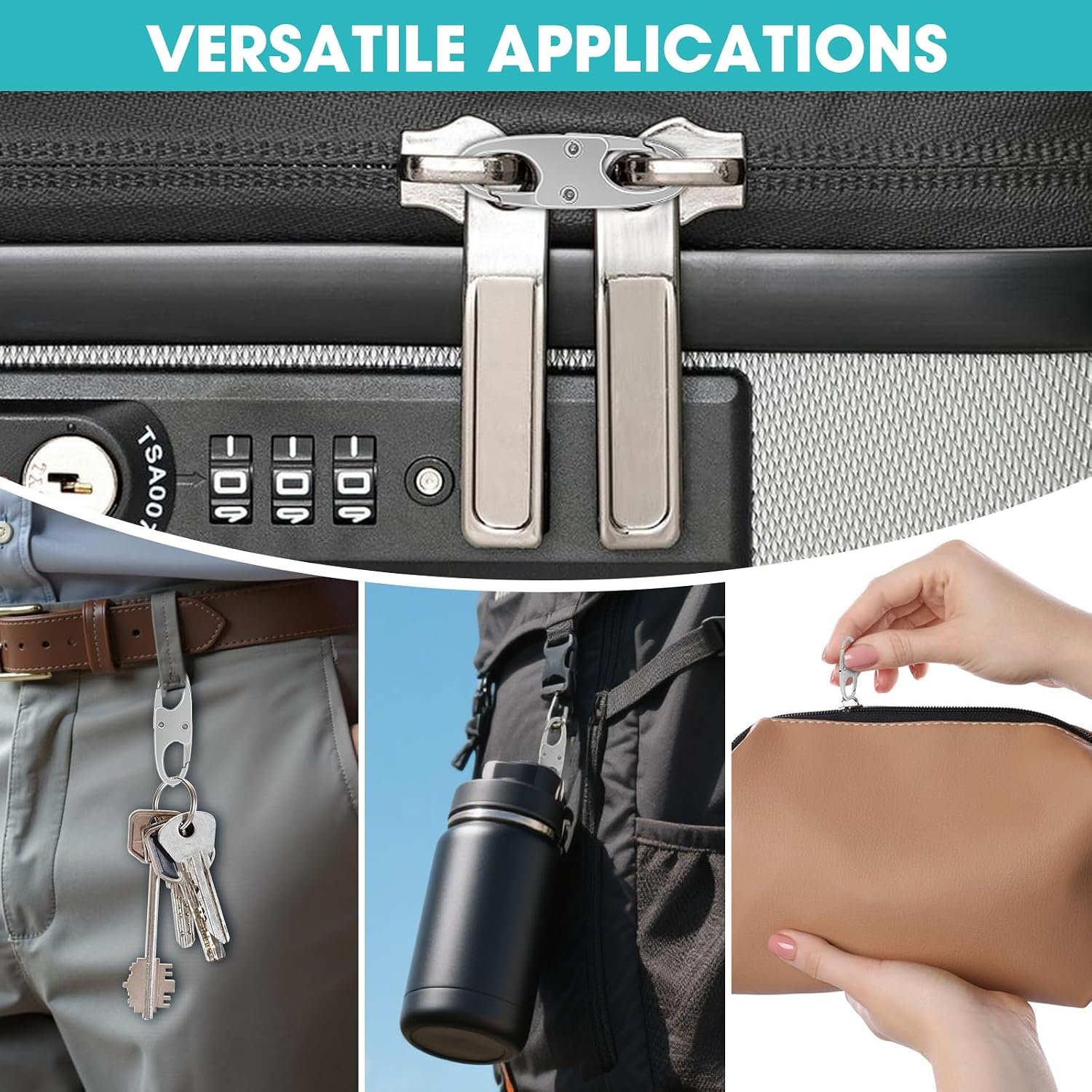 8 Pcs Anti-Theft Small Carabiner Clip, Double Opening Zipper Pull Replacement, Elegant Zinc Alloy Zipper Clips for Backpacks, Luggage, Duffel Bags, Travel Essentials - 4 Silver & 4 Gunmetal - Image 3