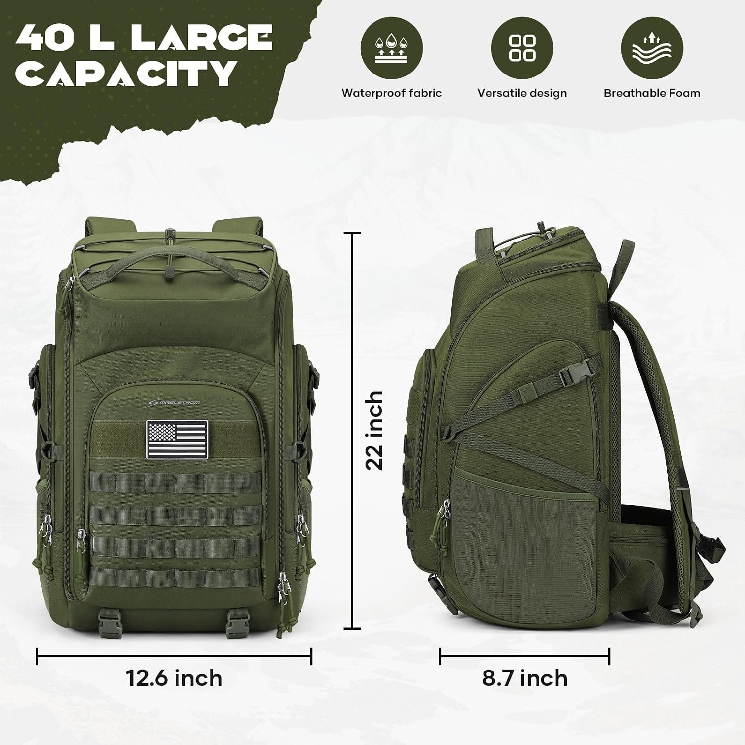 Maelstrom Tactical Backpack for Men, Water Resistant 40L Military Bag | Molle System, 900d Polyester, Laptop Pocket, Load Compression, Tripod Straps, For Hunting, Travel, Hiking,Gym, Camping - Image 5