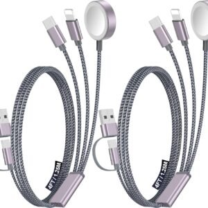 2Pack Travel Essentials for Apple Watch Charger,3-in-2 Multi Charging Cable | Cruise Vacation Camping Essentials for iPhone Charger,Type C/Lightning for iWatch,iPhone 17-12,Xbox Series X&S-4FT Gray