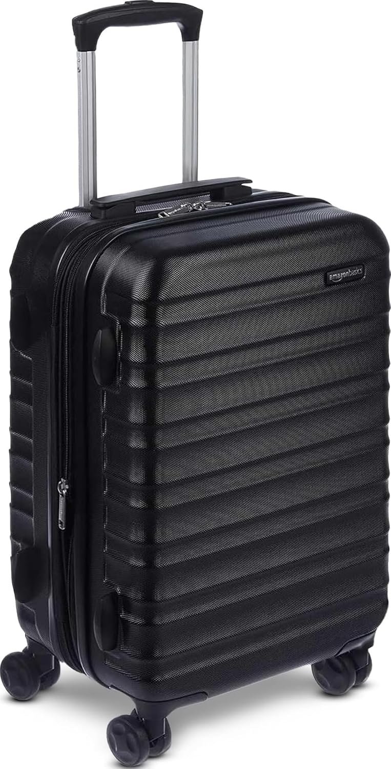 Amazon Basics 21" Hardside Carry-On Luggage with Spinner Wheels, Expandable for Up to 25% More Space, Scratch-Resistant Hard Shell, Telescoping Handle, Black
